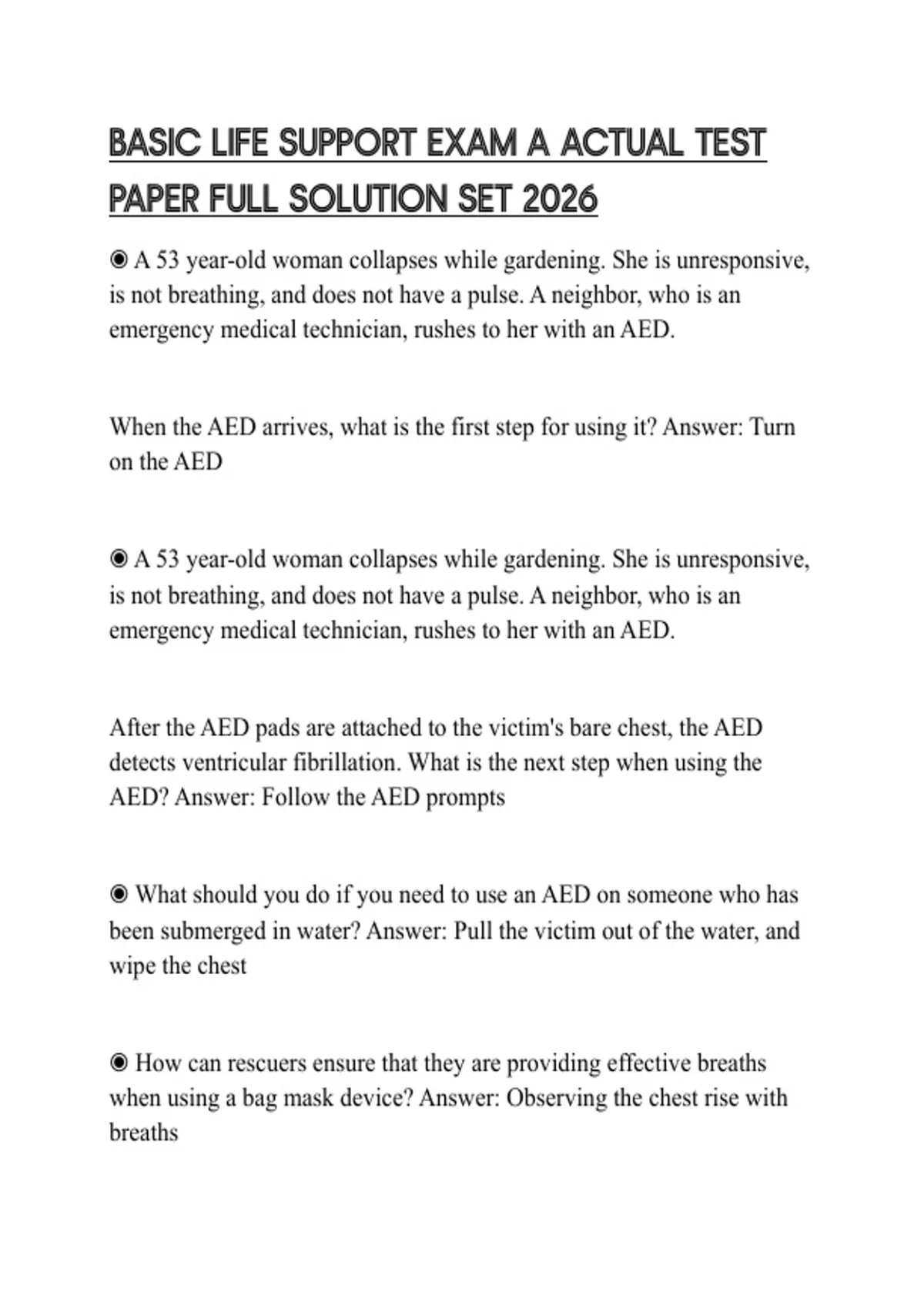 BASIC LIFE SUPPORT EXAM A ACTUAL TEST PAPER FULL SOLUTION SET 2026 ...
