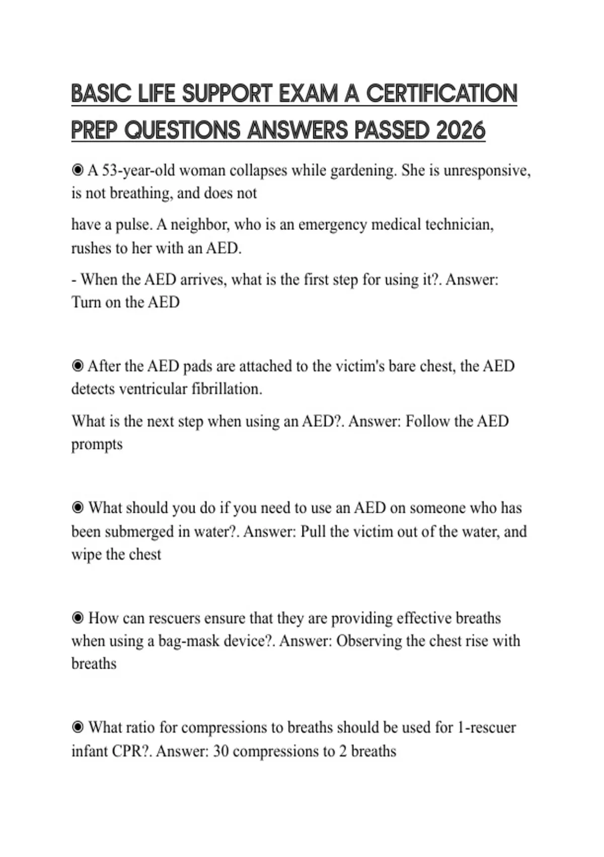 BASIC LIFE SUPPORT EXAM A CERTIFICATION PREP QUESTIONS ANSWERS PASSED ...