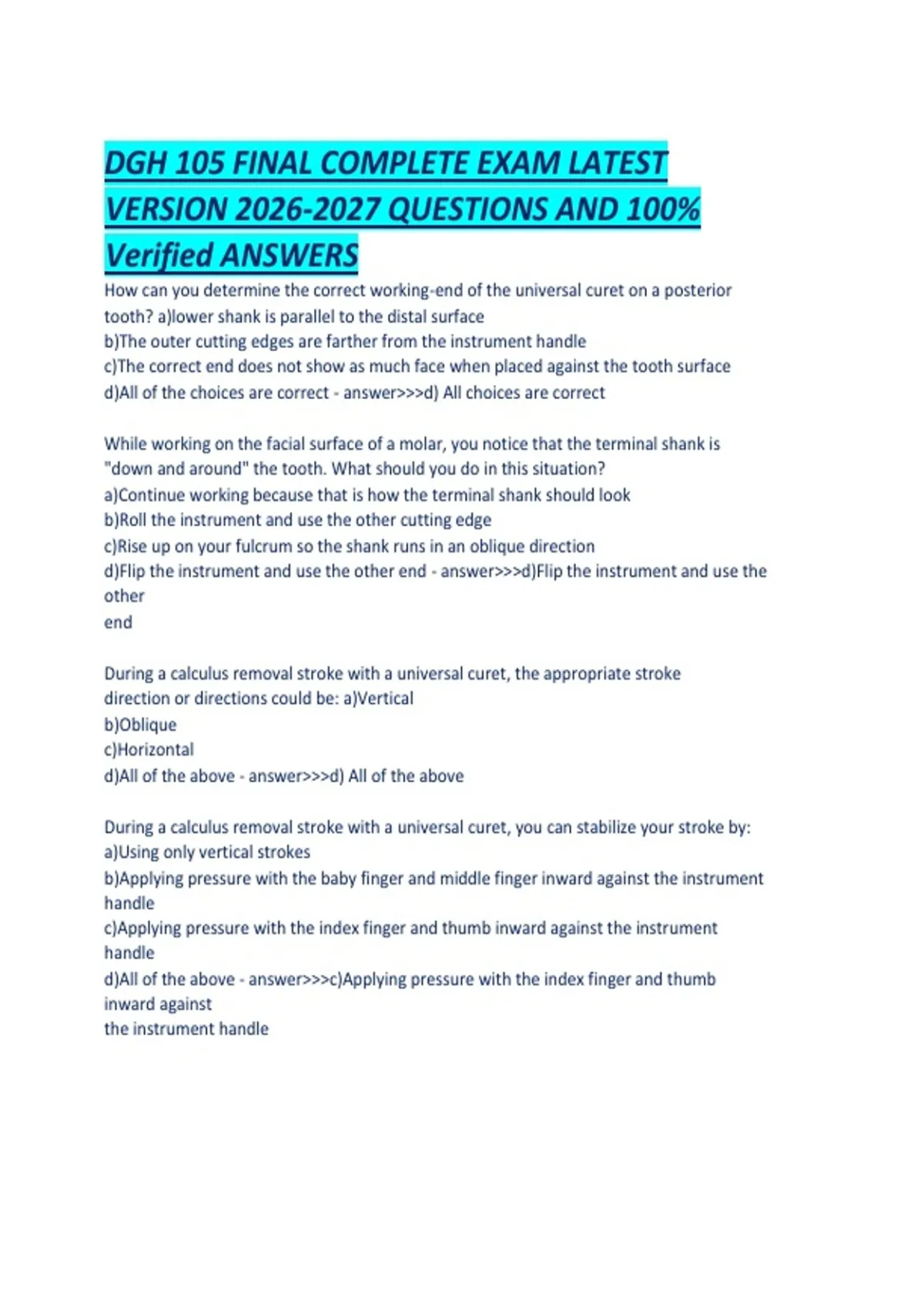 DGH 105 FINAL COMPLETE EXAM LATEST VERSION QUESTIONS AND 100- Verified ...
