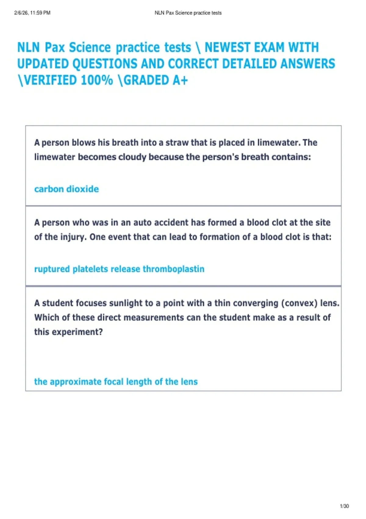 Nln Study NLN Pax Science practice tests NEWEST EXAM WITH UPDATED QUESTIONS AND ...