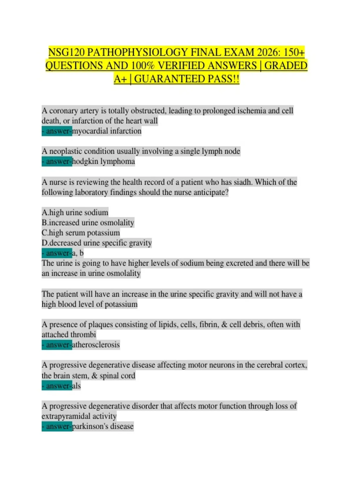 NSG 120 Pathophysiology Final Exam Study Guide: Comprehensive Review ...