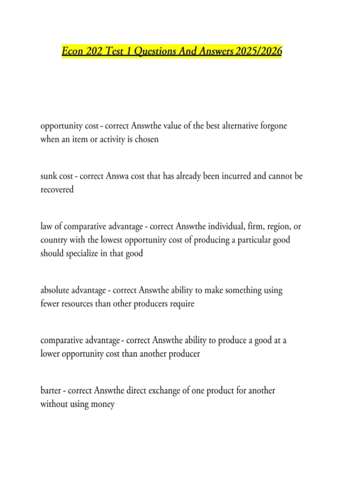 Econ 202 Test 1 Questions And Answers 2025/2026 - Econ 202 - Stuvia US