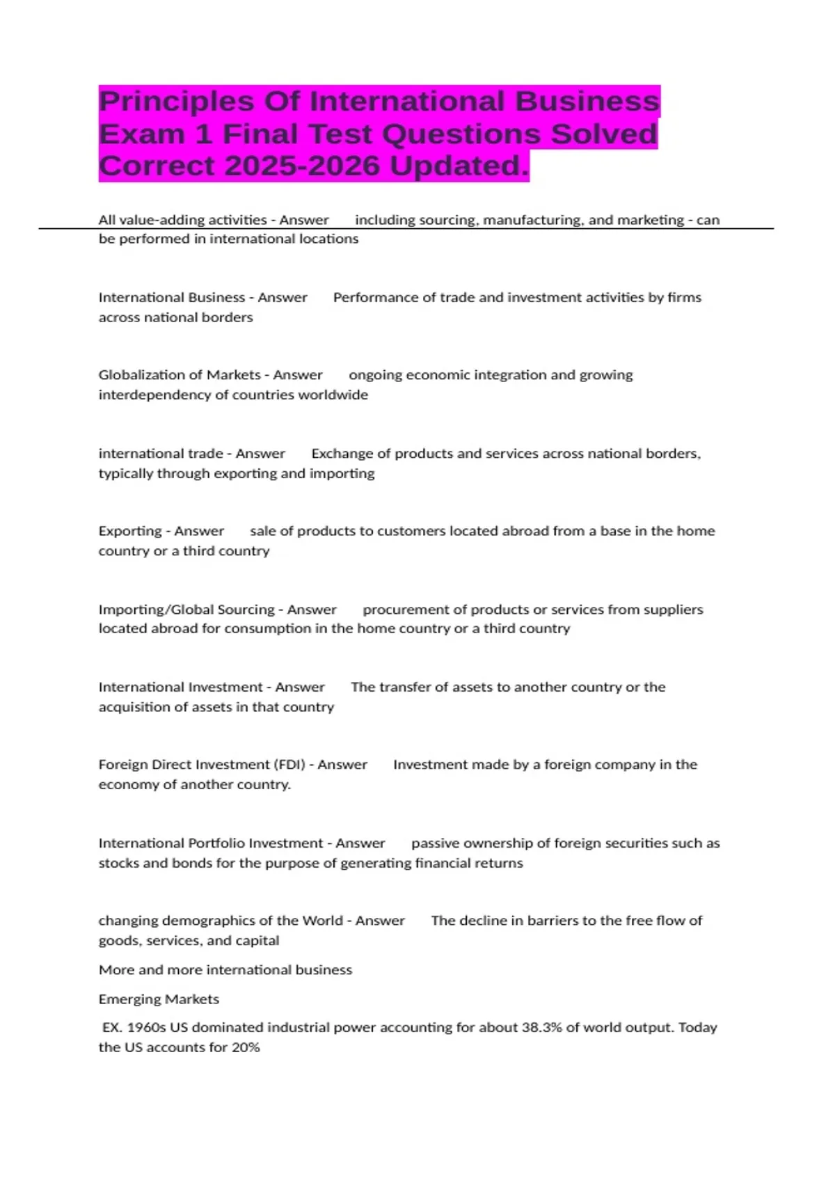 Principles Of International Business Exam 1 Final Test Questions Solved ...