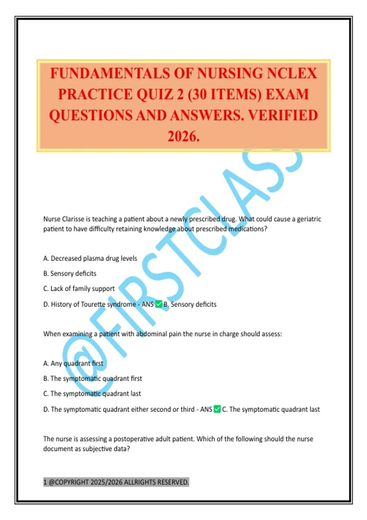 FUNDAMENTALS OF NURSING NCLEX PRACTICE QUIZ 2 (30 ITEMS) EXAM QUESTIONS ...