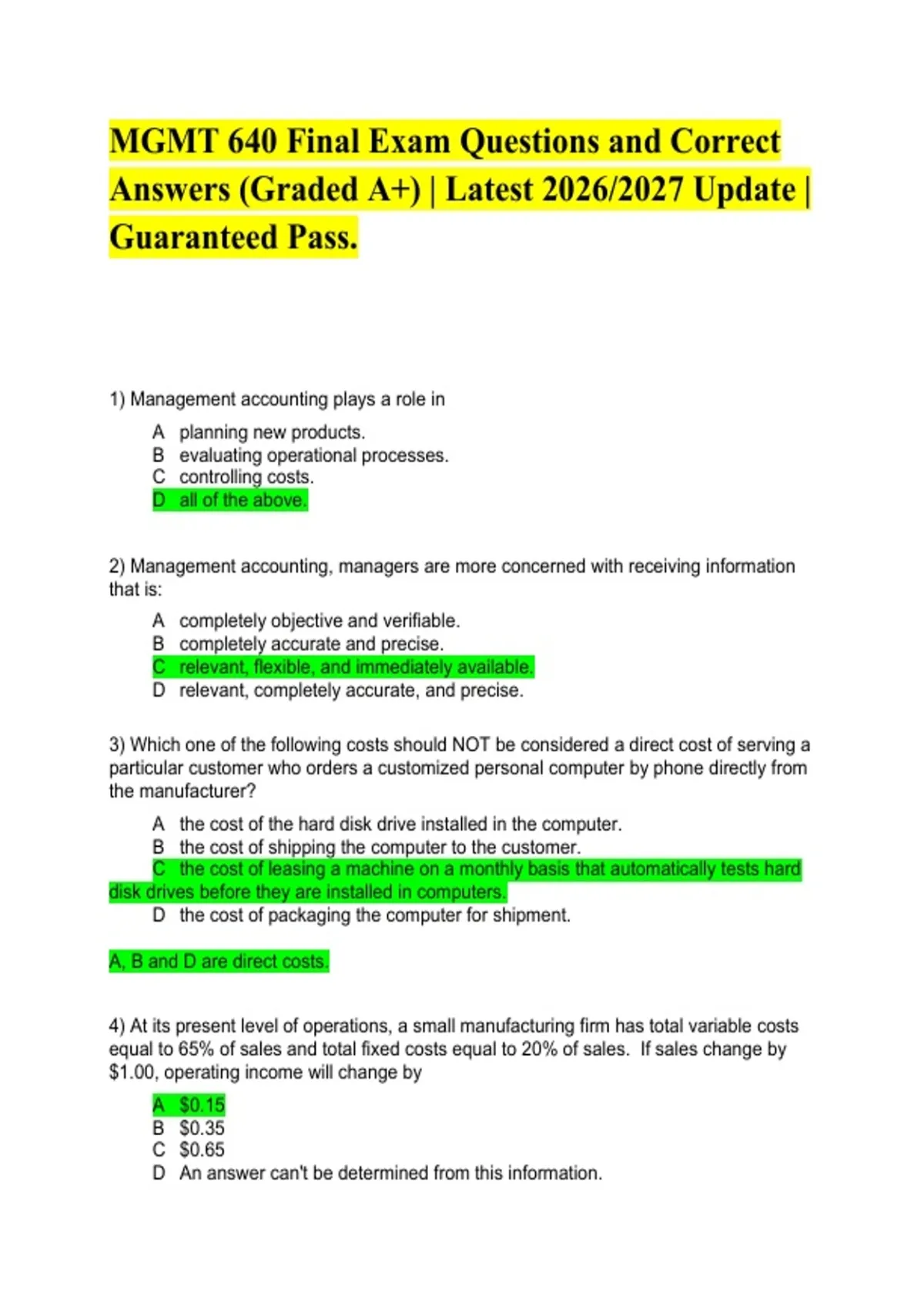 MGMT 640 Final Exam Questions and Correct Answers (Graded A+) | Latest ...