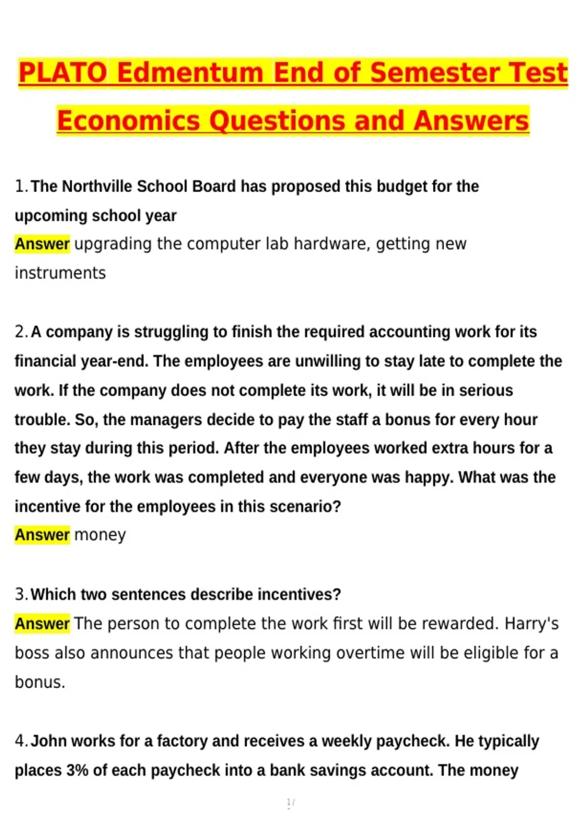 2026 PLATO Edmentum End of Semester Test Economics Actual Questions & Answers (Latest 2026 / ...