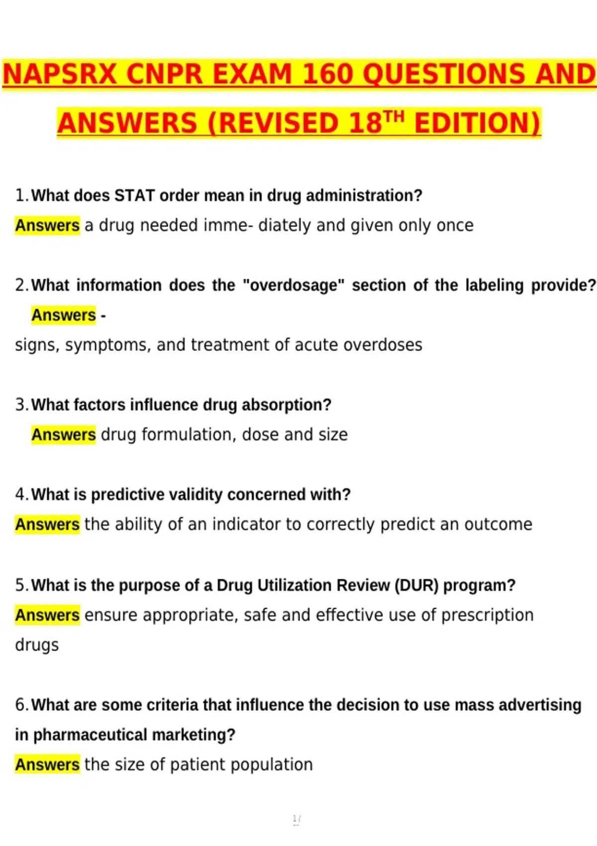 2026 NAPSRx CNPR Exam 160 Qs (Revised 18th Edition) Actual Questions ...