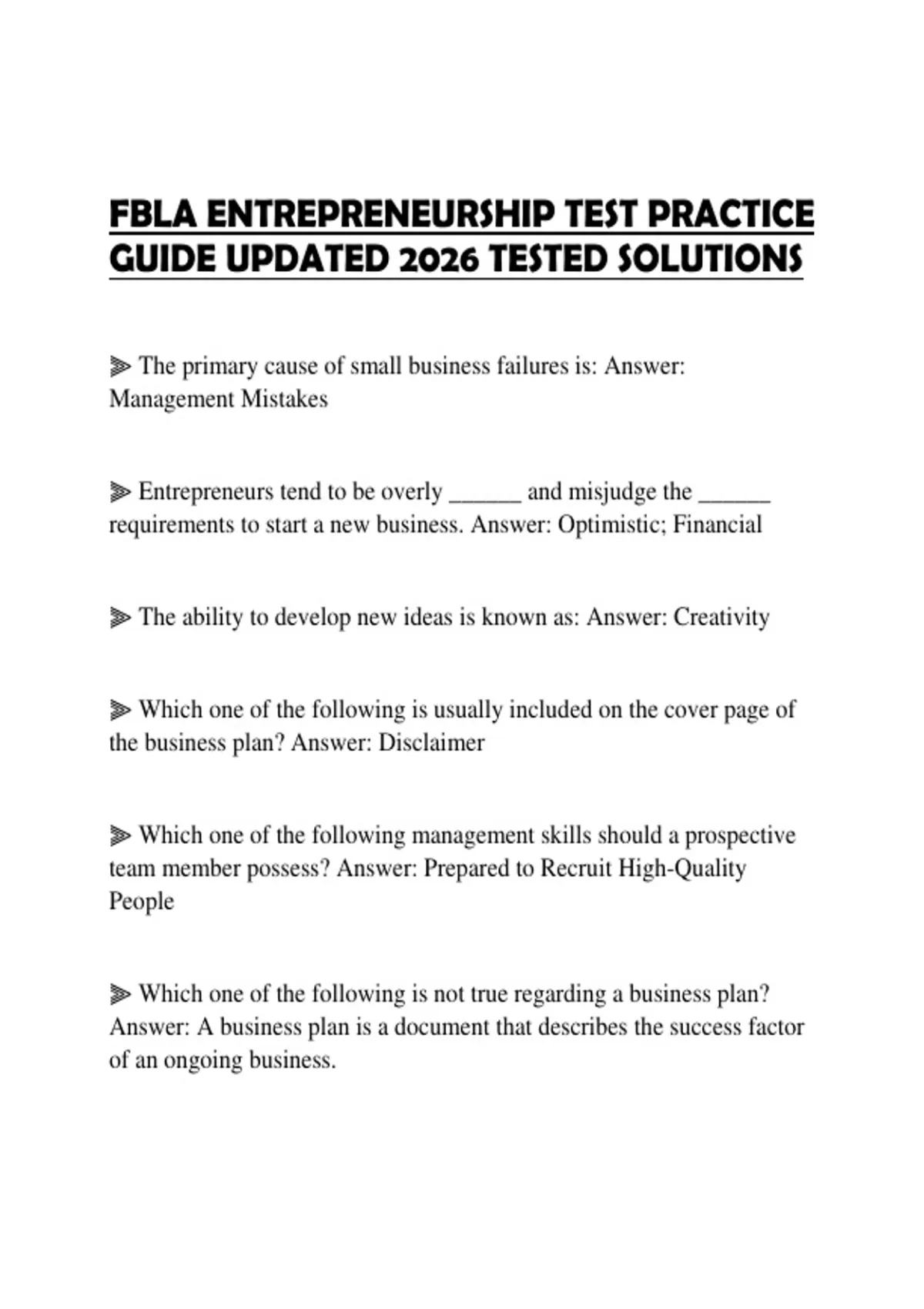Fbla Testing FBLA ENTREPRENEURSHIP TEST PRACTICE GUIDE UPDATED 2026 TESTED SOLUTIONS ...