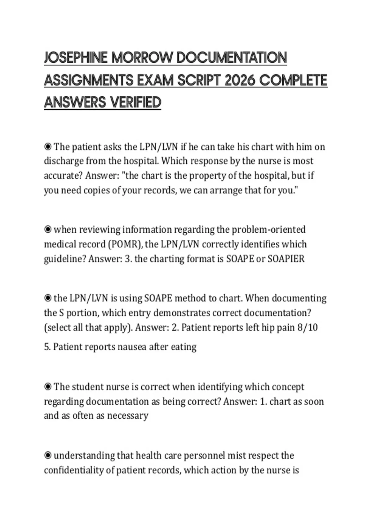 JOSEPHINE MORROW DOCUMENTATION ASSIGNMENTS EXAM SCRIPT 2026 COMPLETE ...