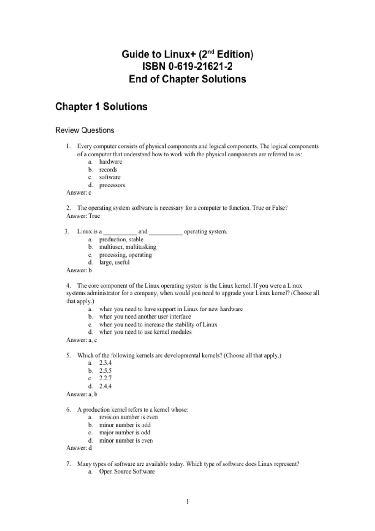 Summary solutions manual, textbook answers: Linux+ Guide to Linux ...