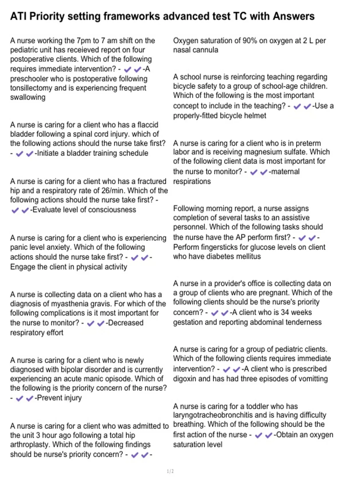 ATI Priority setting frameworks advanced test TC with Answers - ATI ...