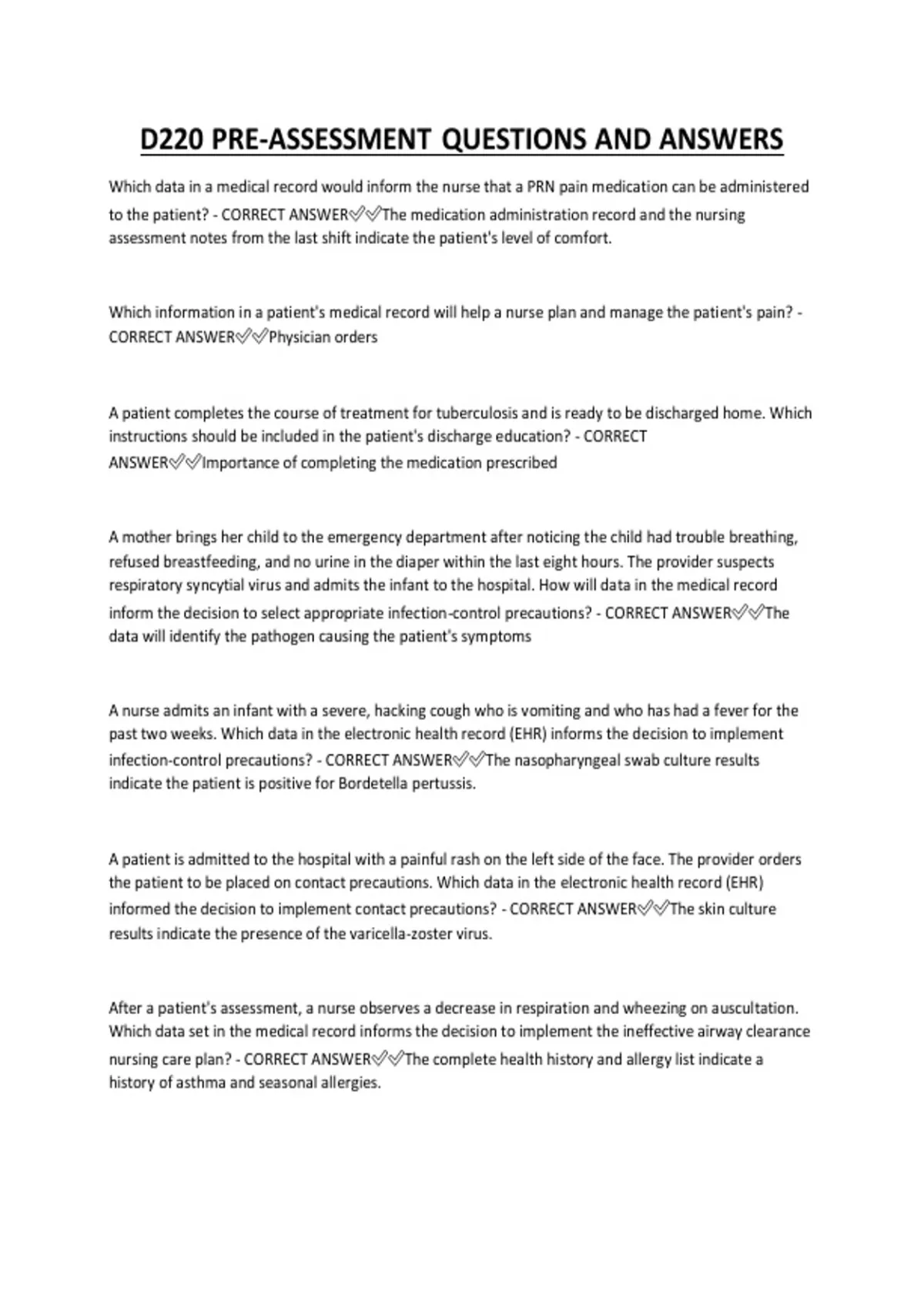 D220 PRE-ASSESSMENT QUESTIONS AND ANSWERS - D220 PRE-ASSESSMENT - Stuvia US