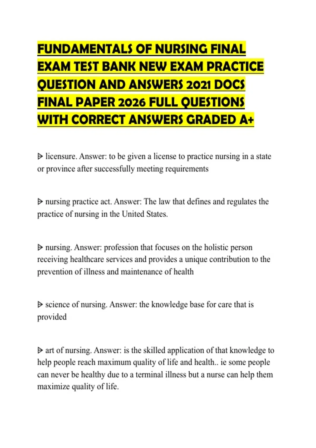 FUNDAMENTALS OF NURSING FINAL EXAM TEST BANK NEW EXAM PRACTICE QUESTION ...