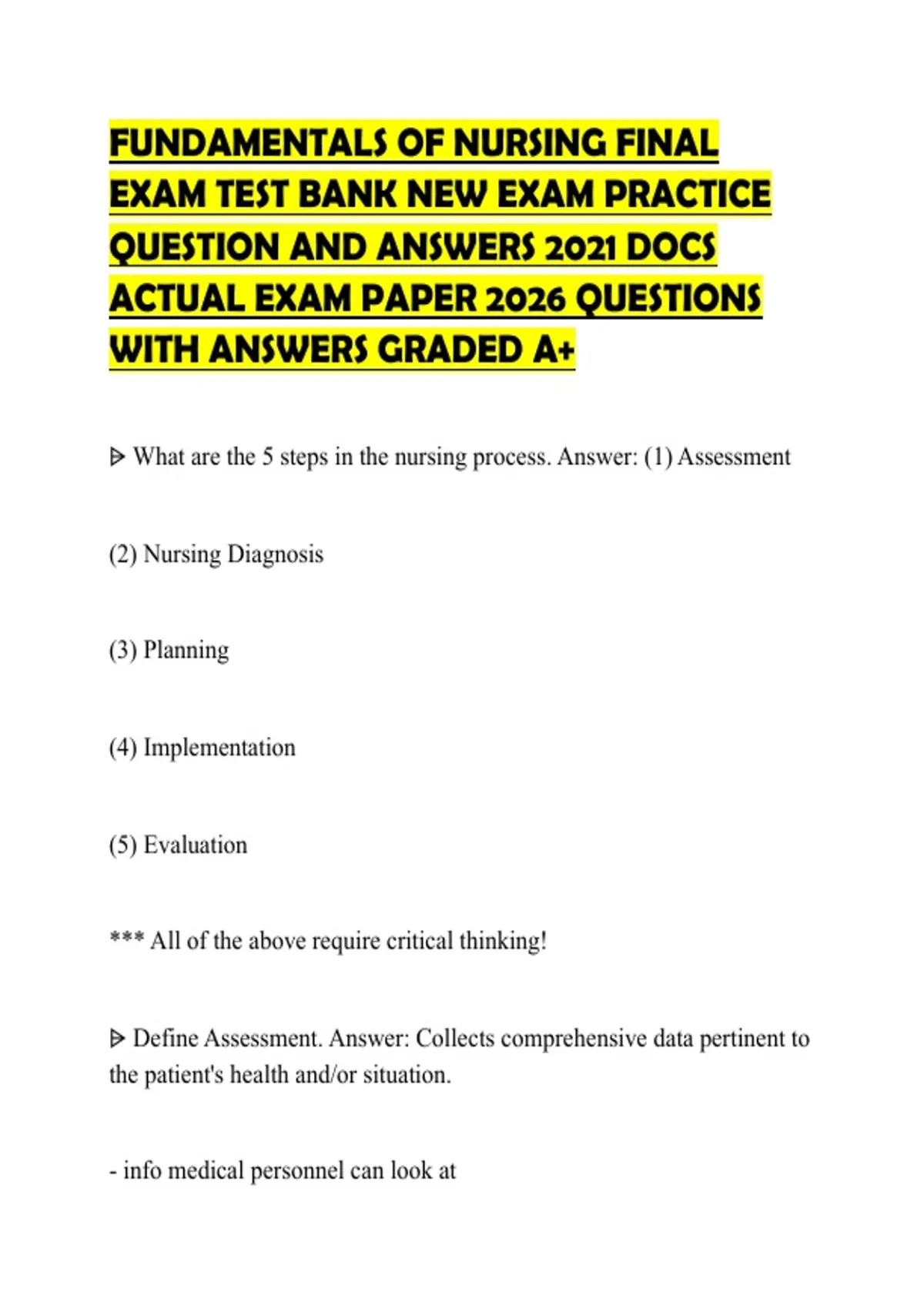 FUNDAMENTALS OF NURSING FINAL EXAM TEST BANK NEW EXAM PRACTICE QUESTION ...
