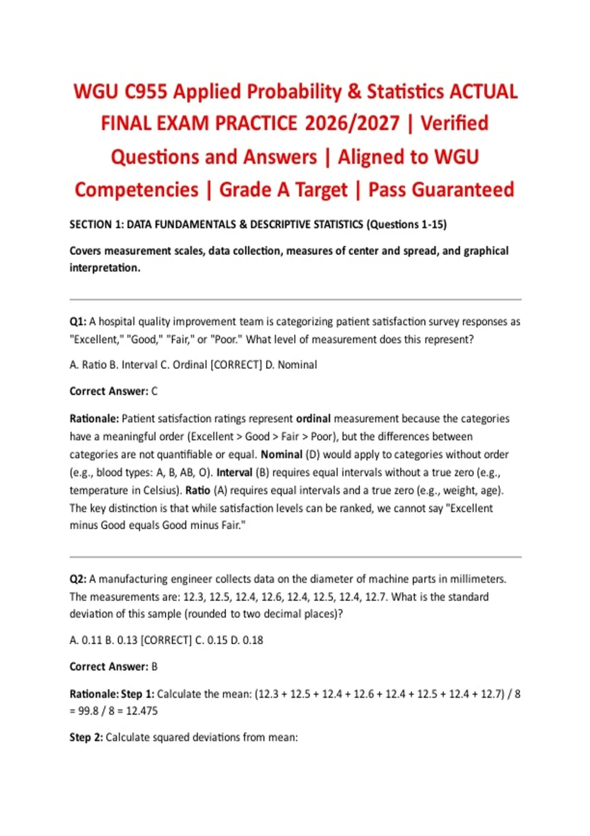 WGU C955 Applied Probability & Statistics ACTUAL FINAL EXAM PRACTICE ...