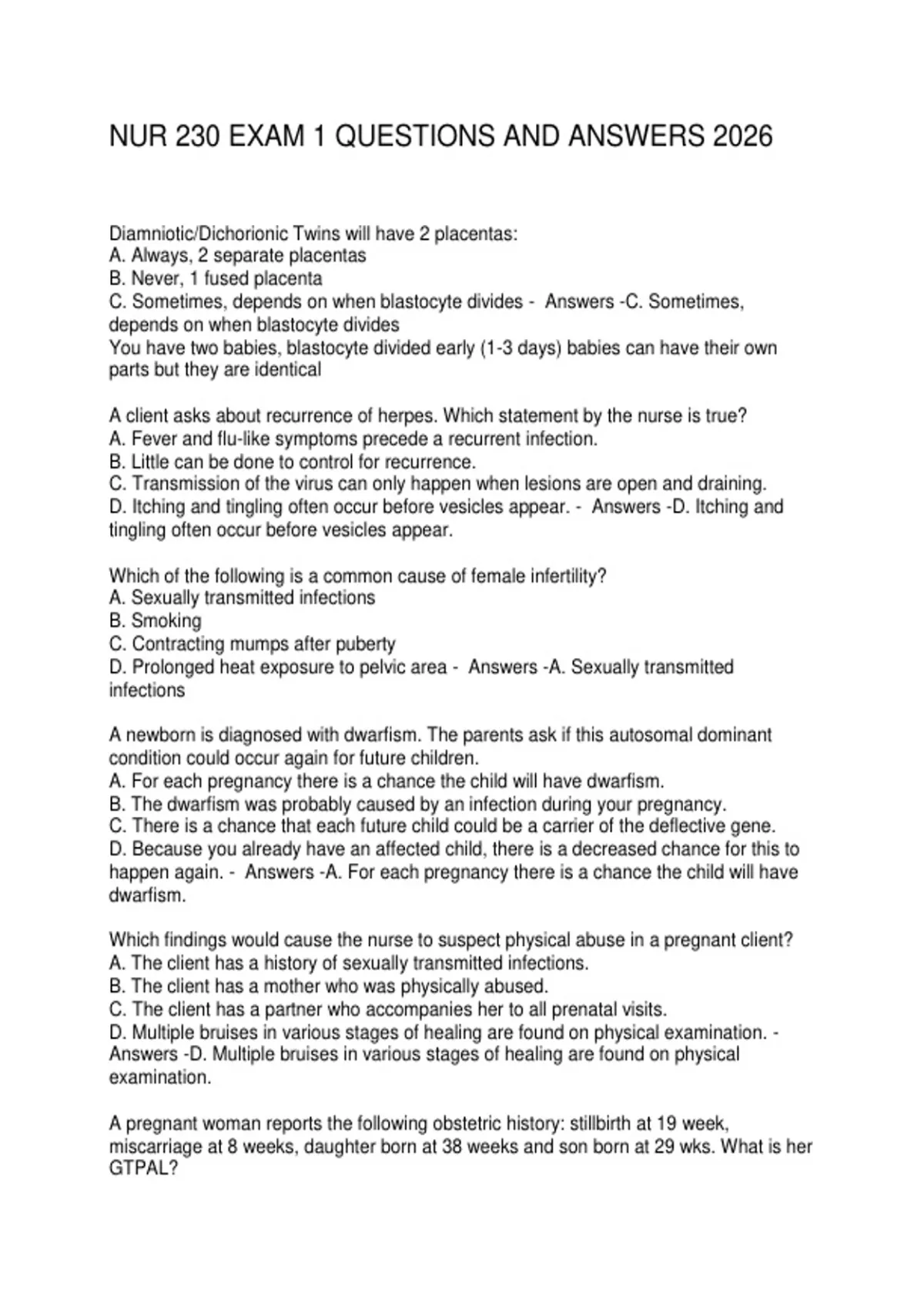 NUR 230 EXAM 1 QUESTIONS AND ANSWERS 2026 - NUR 230 - Stuvia US