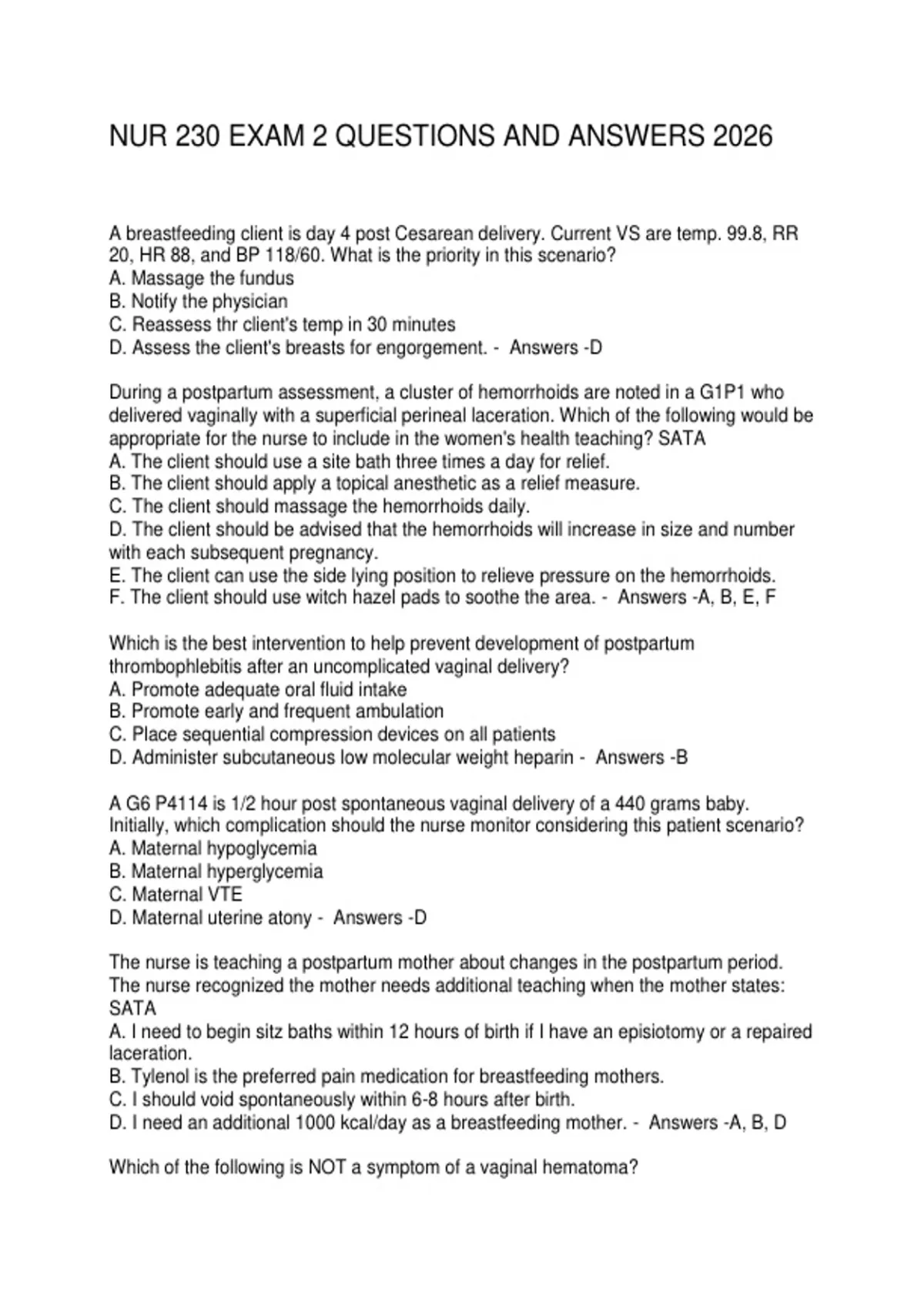 NUR 230 EXAM 2 QUESTIONS AND ANSWERS 2026 - NUR 230 - Stuvia US