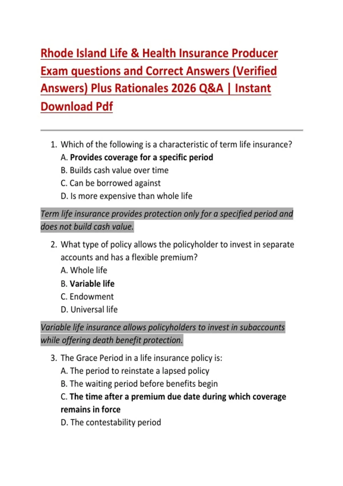 Rhode Island Life & Health Insurance Producer Exam questions and ...