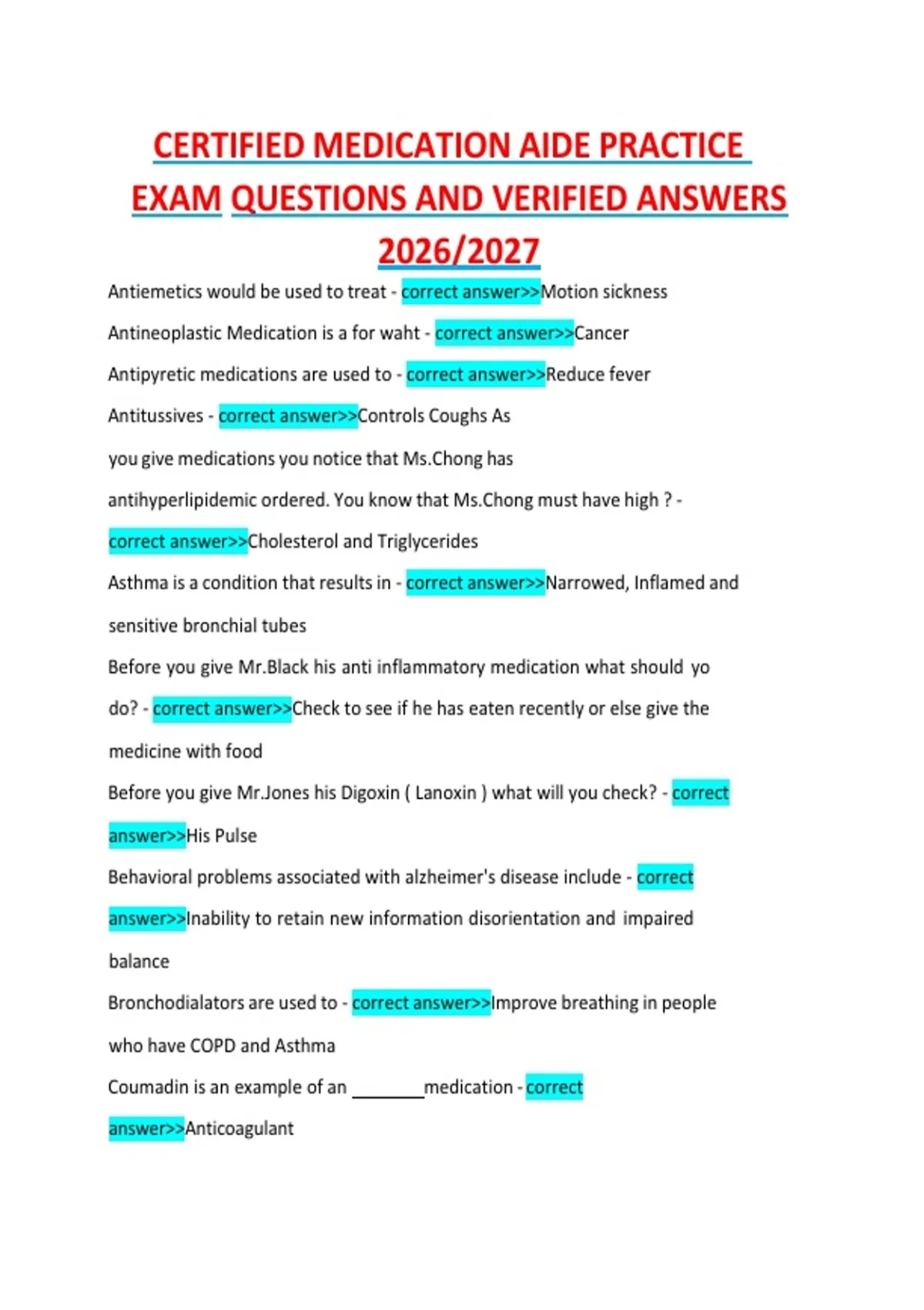 CERTIFIED MEDICATION AIDE PRACTICE EXAM QUESTIONS AND VERIFIED ANSWERS ...