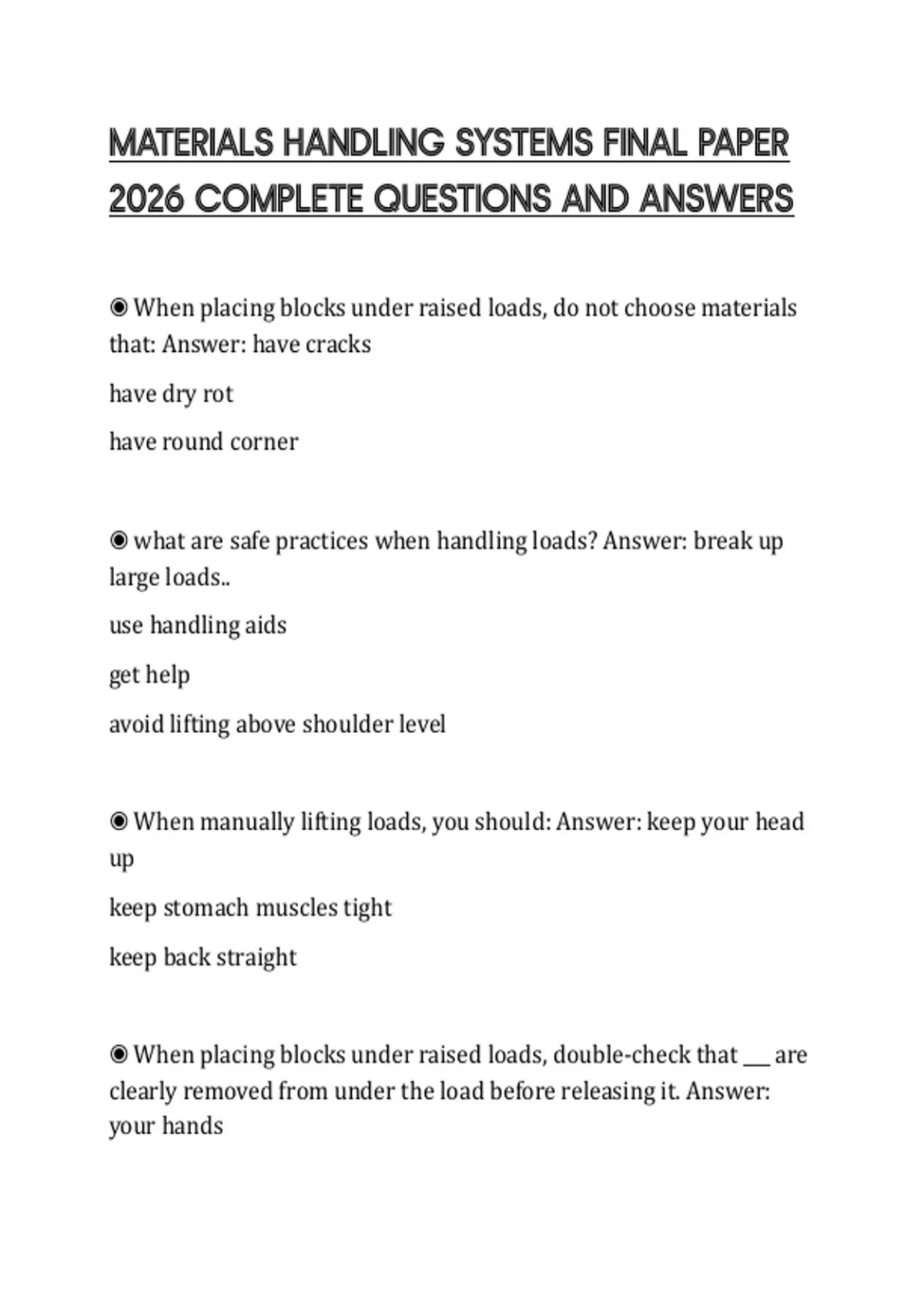 MATERIALS HANDLING SYSTEMS FINAL PAPER 2026 COMPLETE QUESTIONS AND ...