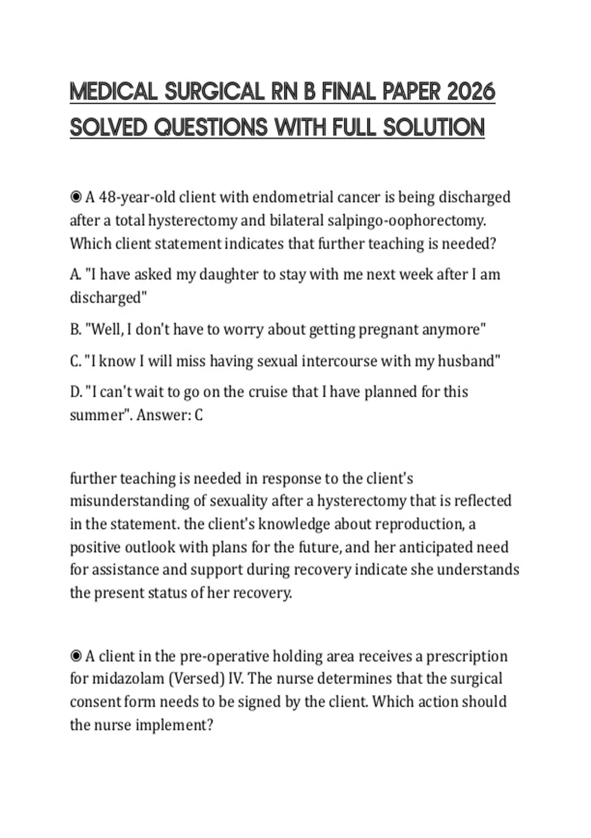 MEDICAL SURGICAL RN B FINAL PAPER 2026 SOLVED QUESTIONS WITH FULL ...