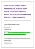 Illinois Insurance Producer Licensing  Examination &lpar;Life&comma; Accident & Health&rpar;  Practice 100 Questions And Correct  Answers &lpar;Verified Answers&rpar; Plus Rationales  2026 Q&A &vert; Instant Download Pdf 