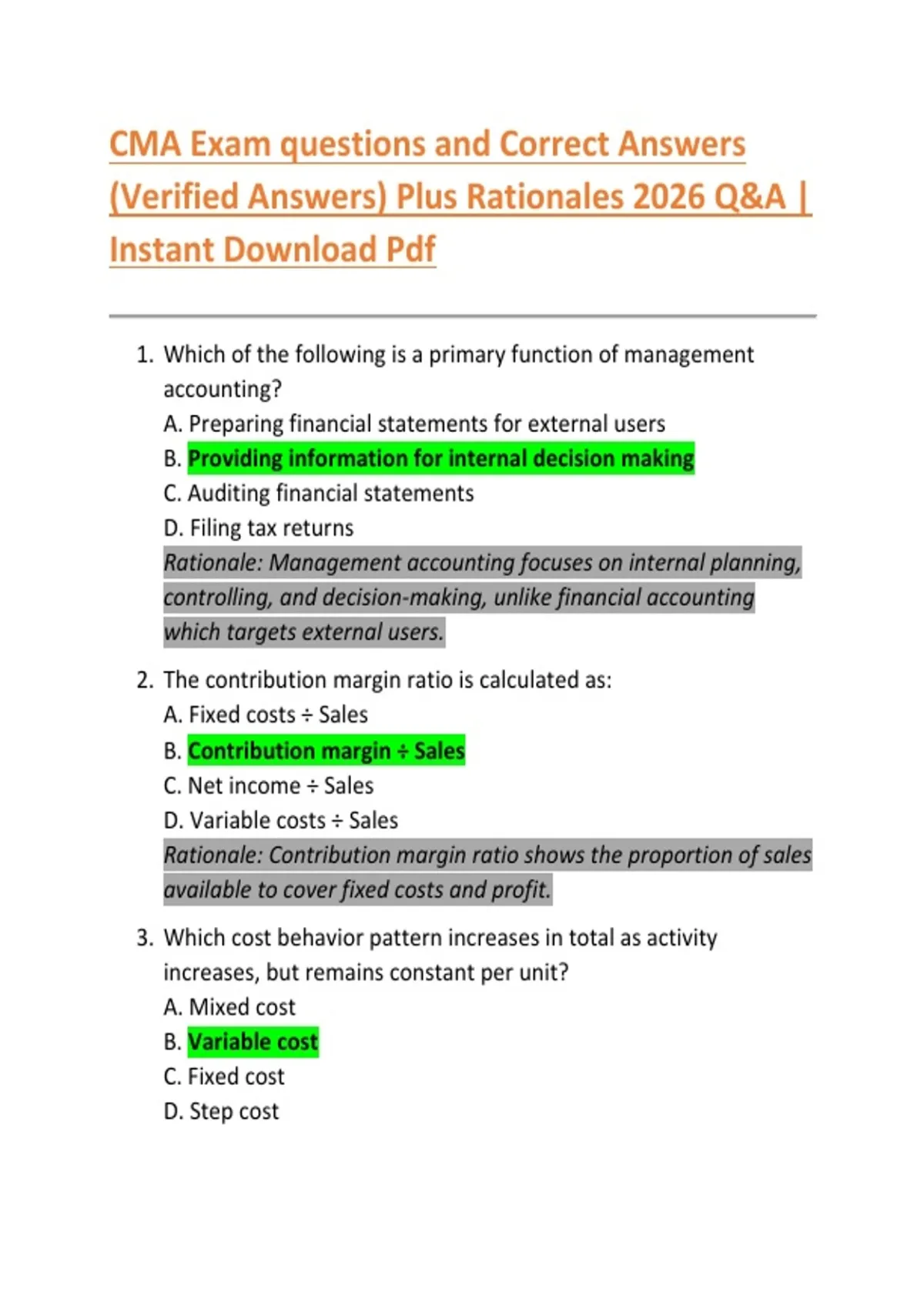 Cma Example Questions CMA Exam questions and Correct Answers (Verified Answers) Plus ...