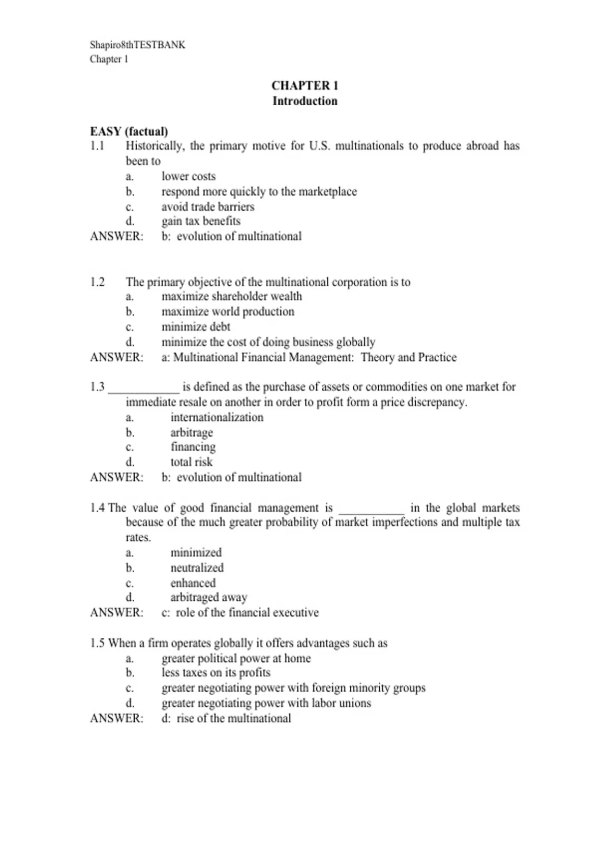 practice test bank questions, final exam : Multinational Financial ...
