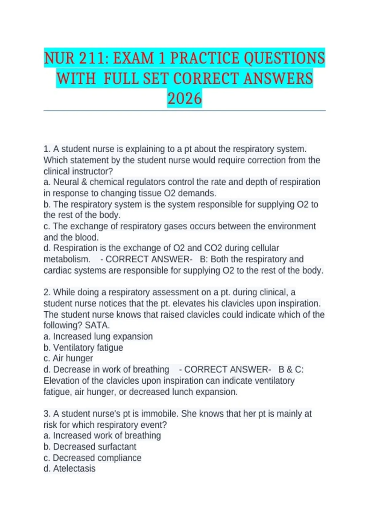 NUR 211: EXAM 1 PRACTICE QUESTIONS WITH FULL SET CORRECT ANSWERS 2026 ...