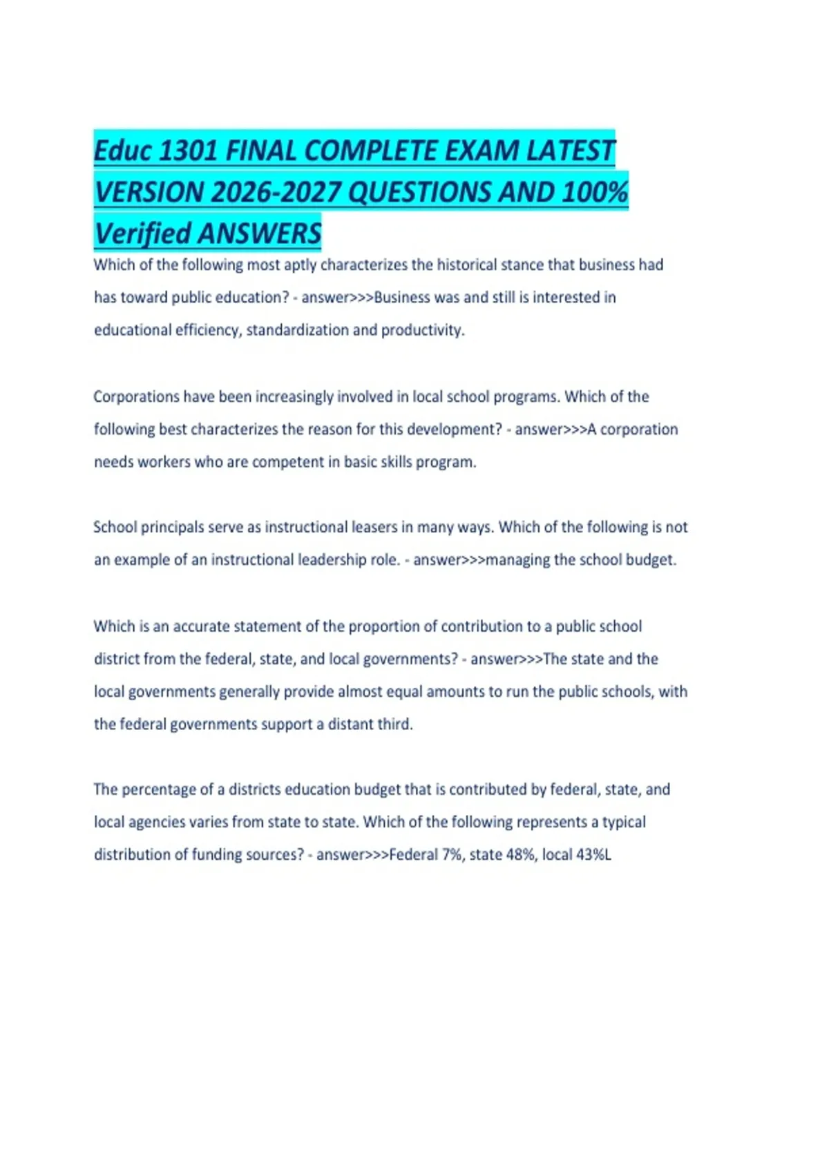 Educ 1301 FINAL COMPLETE EXAM LATEST VERSION QUESTIONS AND 100 ...