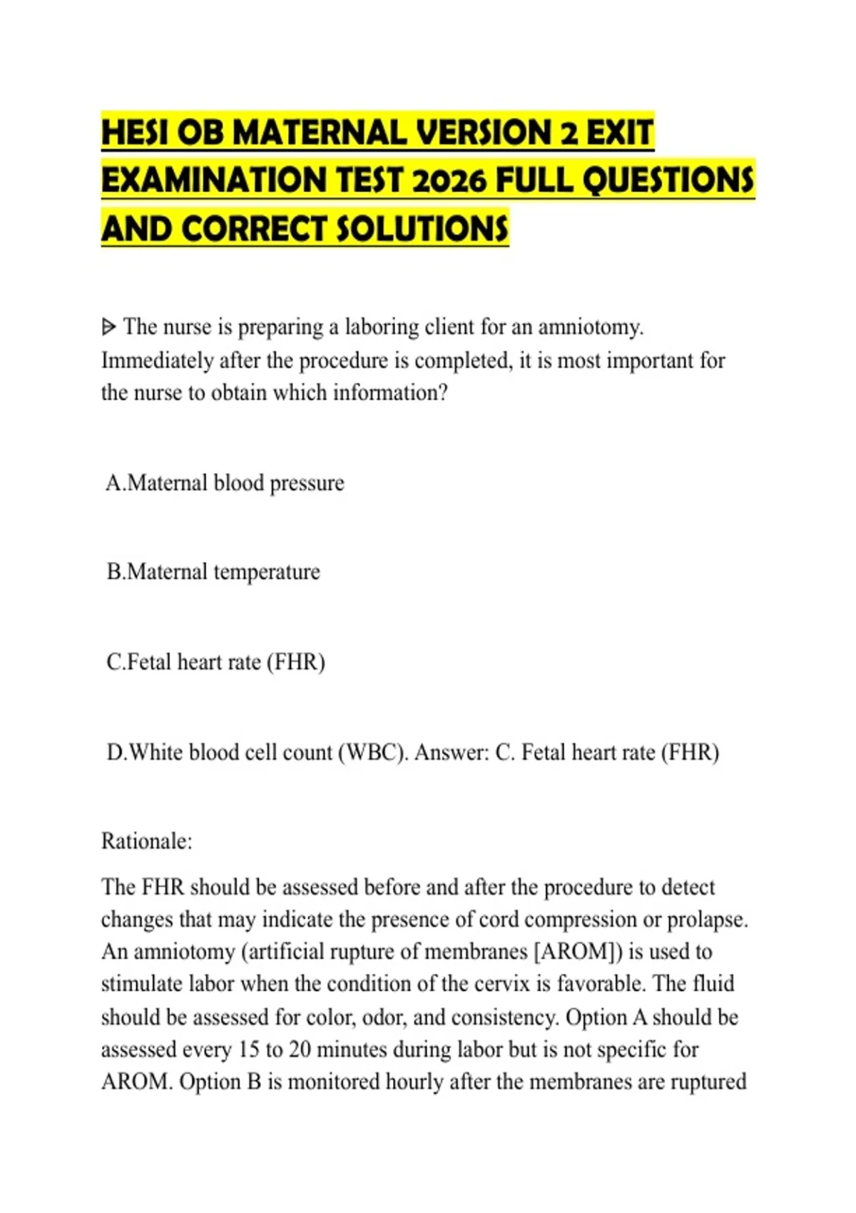 HESI OB MATERNAL VERSION 2 EXIT EXAMINATION TEST 2026 FULL QUESTIONS ...