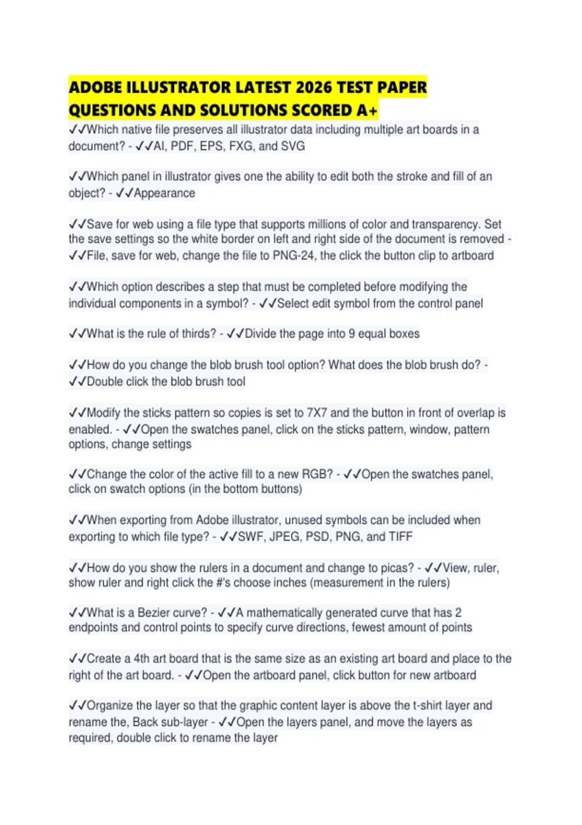 ADOBE ILLUSTRATOR LATEST 2026 TEST PAPER QUESTIONS AND SOLUTIONS SCORED ...