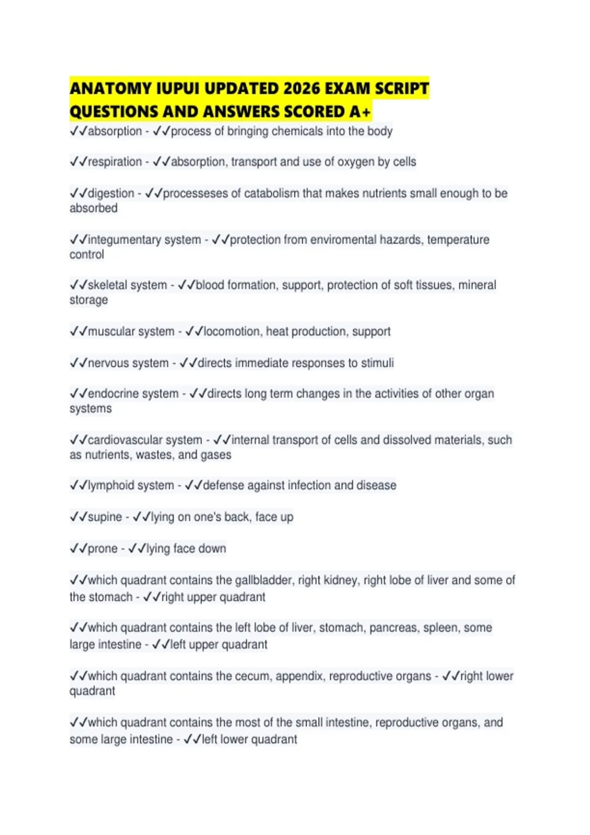 ANATOMY IUPUI UPDATED 2026 EXAM SCRIPT QUESTIONS AND ANSWERS SCORED A ...