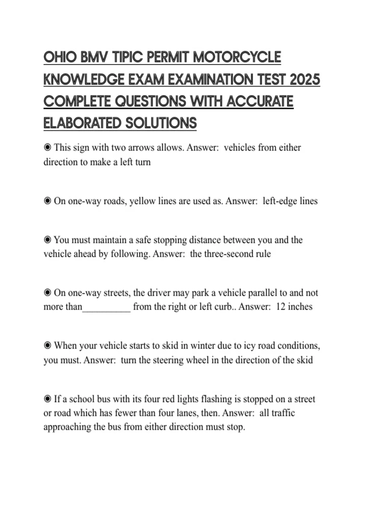 OHIO BMV TIPIC PERMIT MOTORCYCLE KNOWLEDGE EXAM EXAMINATION TEST 2025 COMPLETE QUESTIONS WITH ...