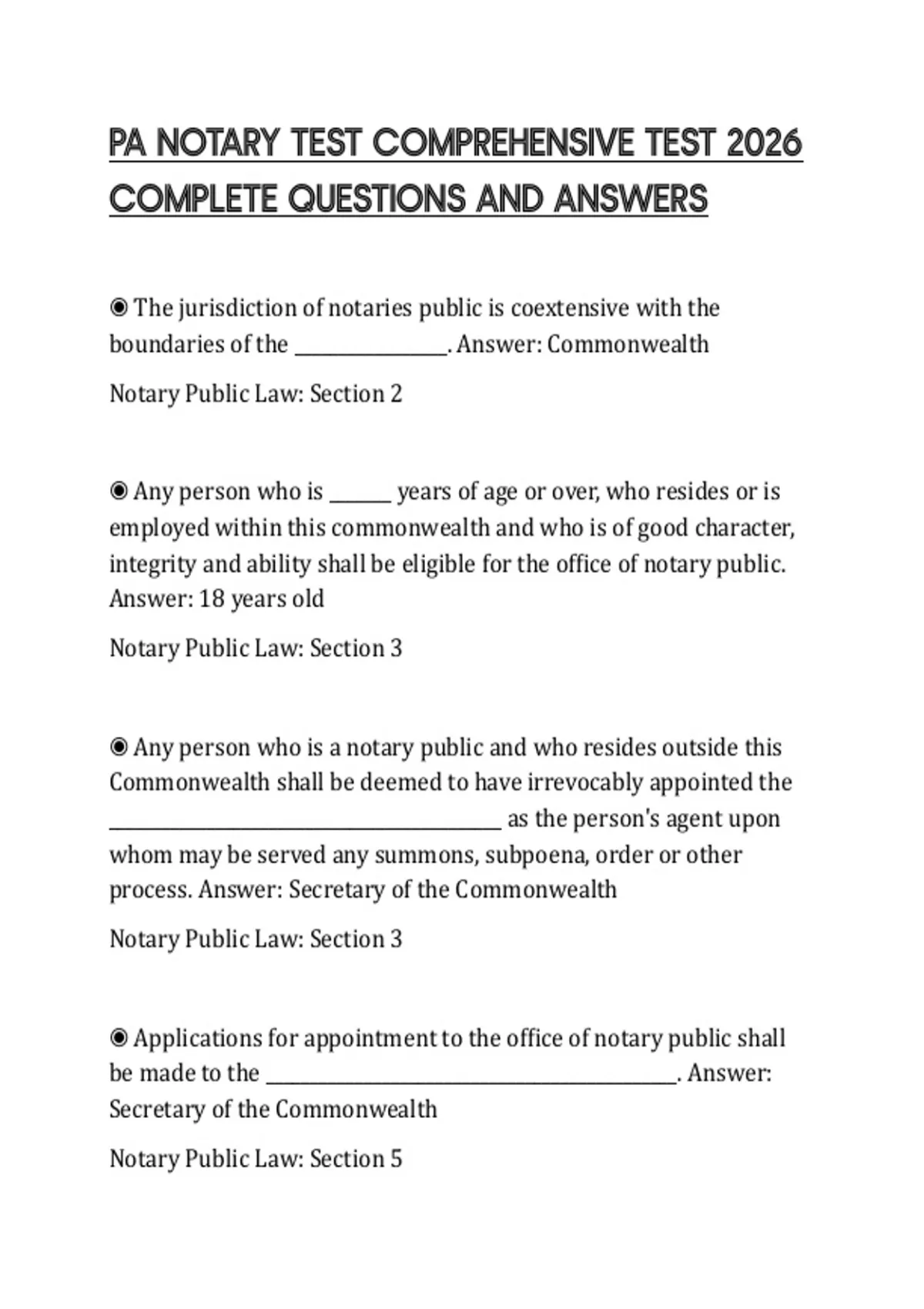 PA NOTARY TEST COMPREHENSIVE TEST 2026 COMPLETE QUESTIONS AND ANSWERS ...