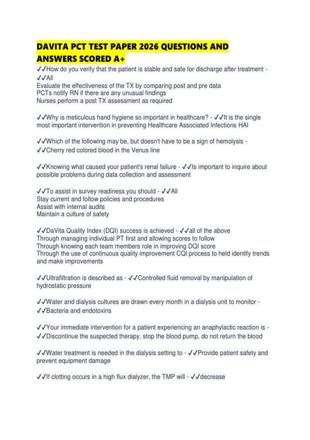 DAVITA PCT TEST PAPER 2026 QUESTIONS AND ANSWERS SCORED - Davita pct ...