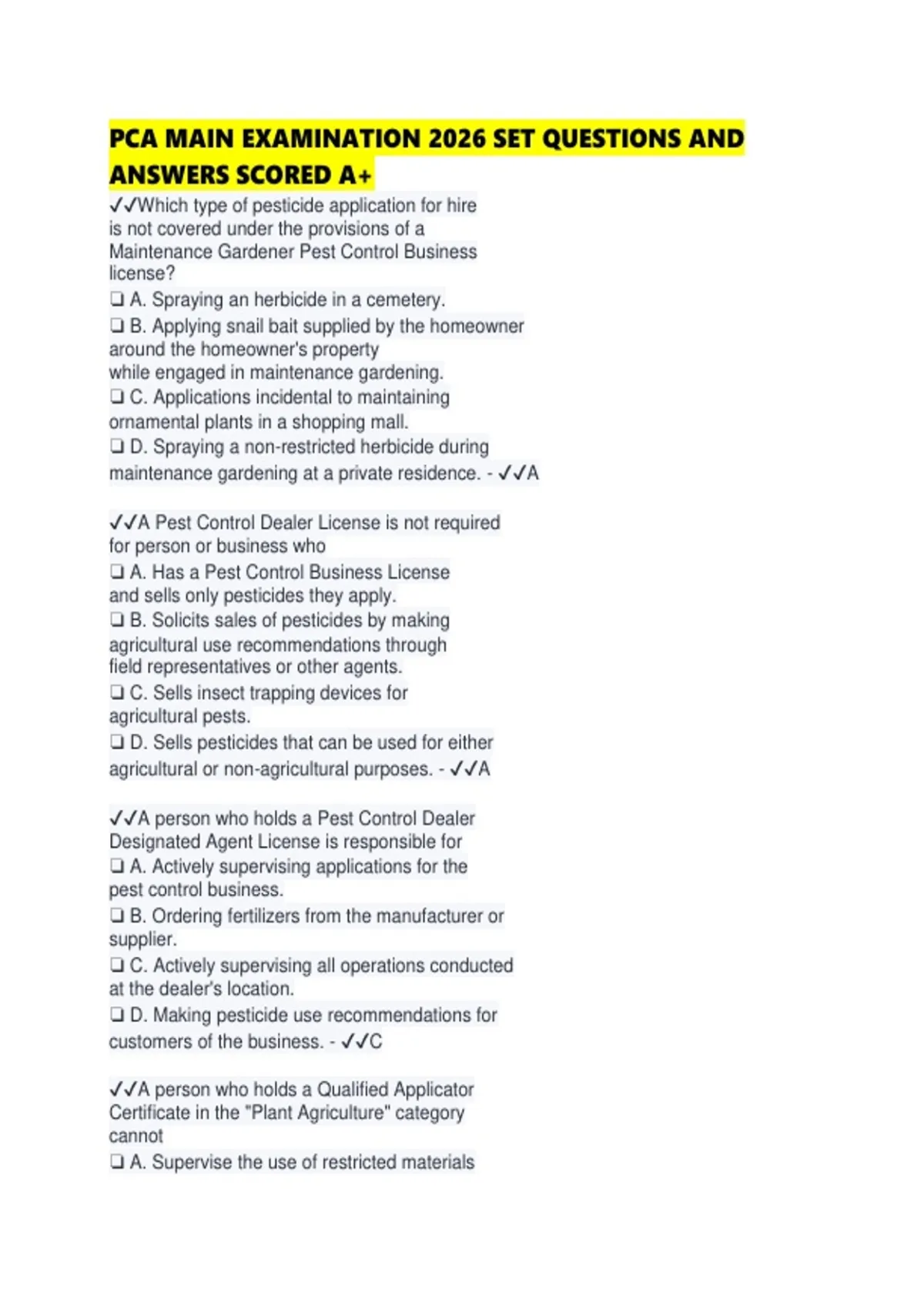 PCA MAIN EXAMINATION 2026 SET QUESTIONS AND ANSWERS SCORED - PCA ...