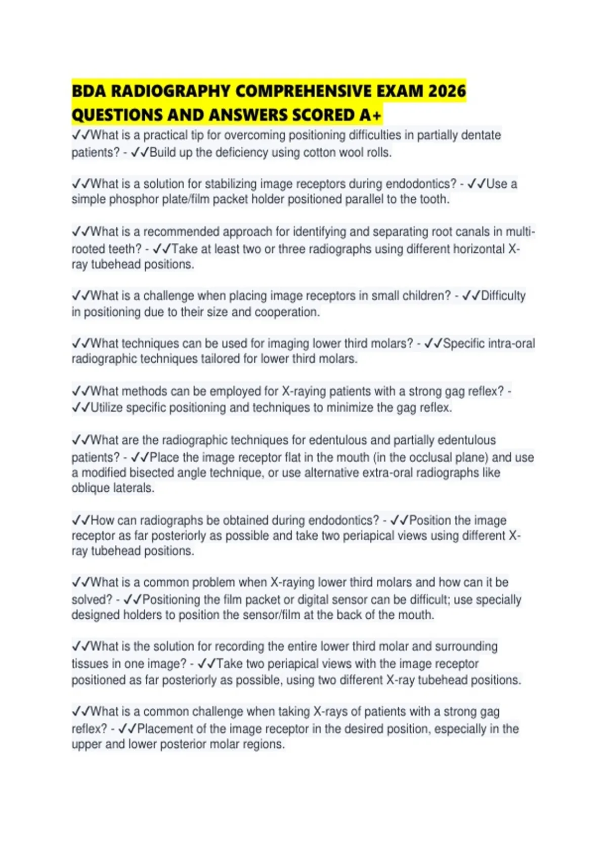 BDA RADIOGRAPHY COMPREHENSIVE EXAM 2026 QUESTIONS AND ANSWERS SCORED ...