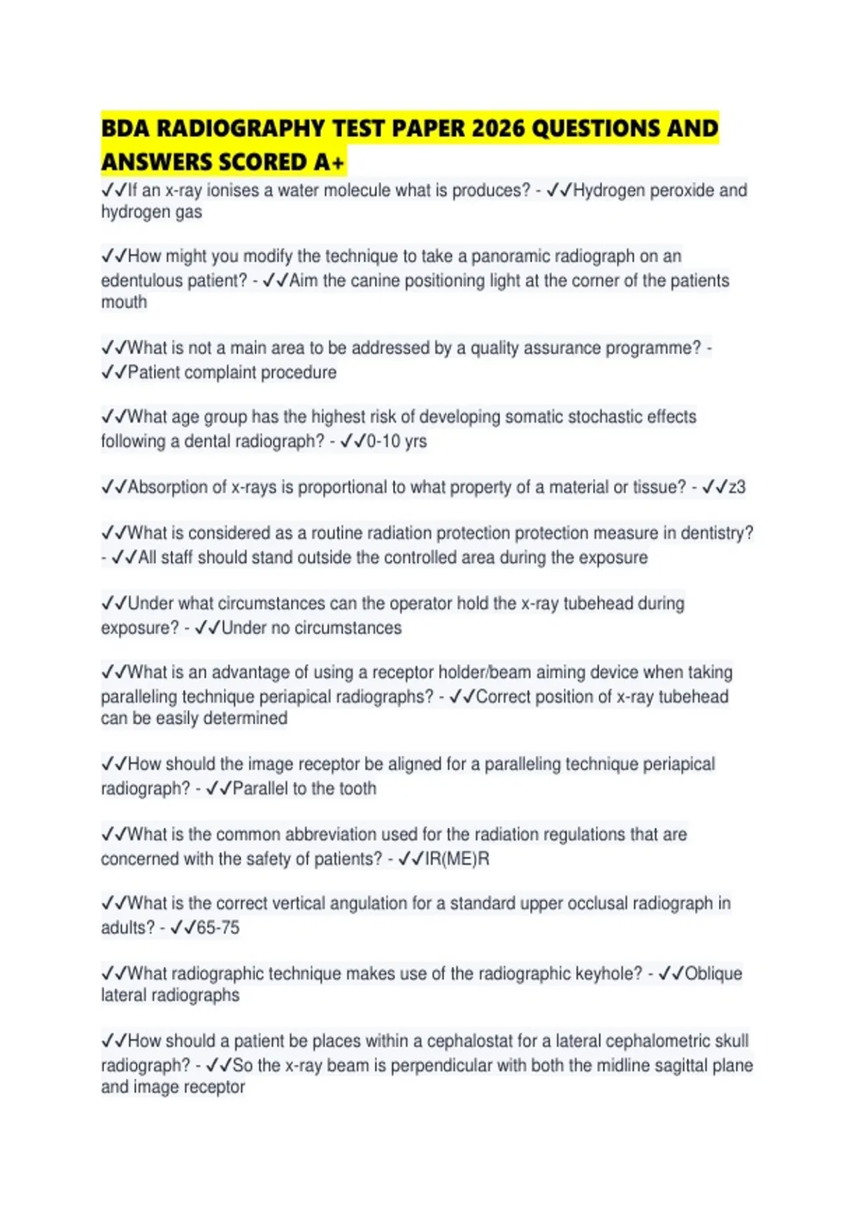 BDA RADIOGRAPHY TEST PAPER 2026 QUESTIONS AND ANSWERS SCORED ...