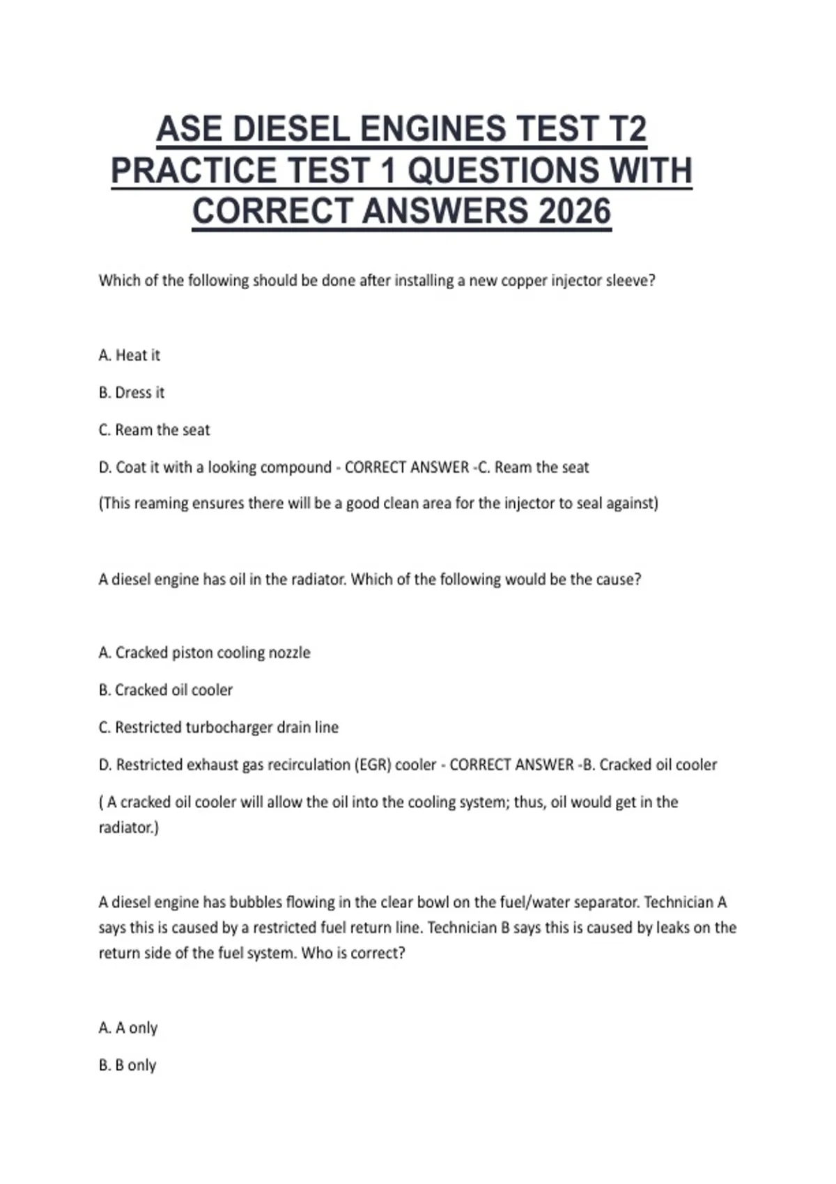 ASE DIESEL ENGINES TEST T2 PRACTICE TEST 1 QUESTIONS WITH CORRECT ...