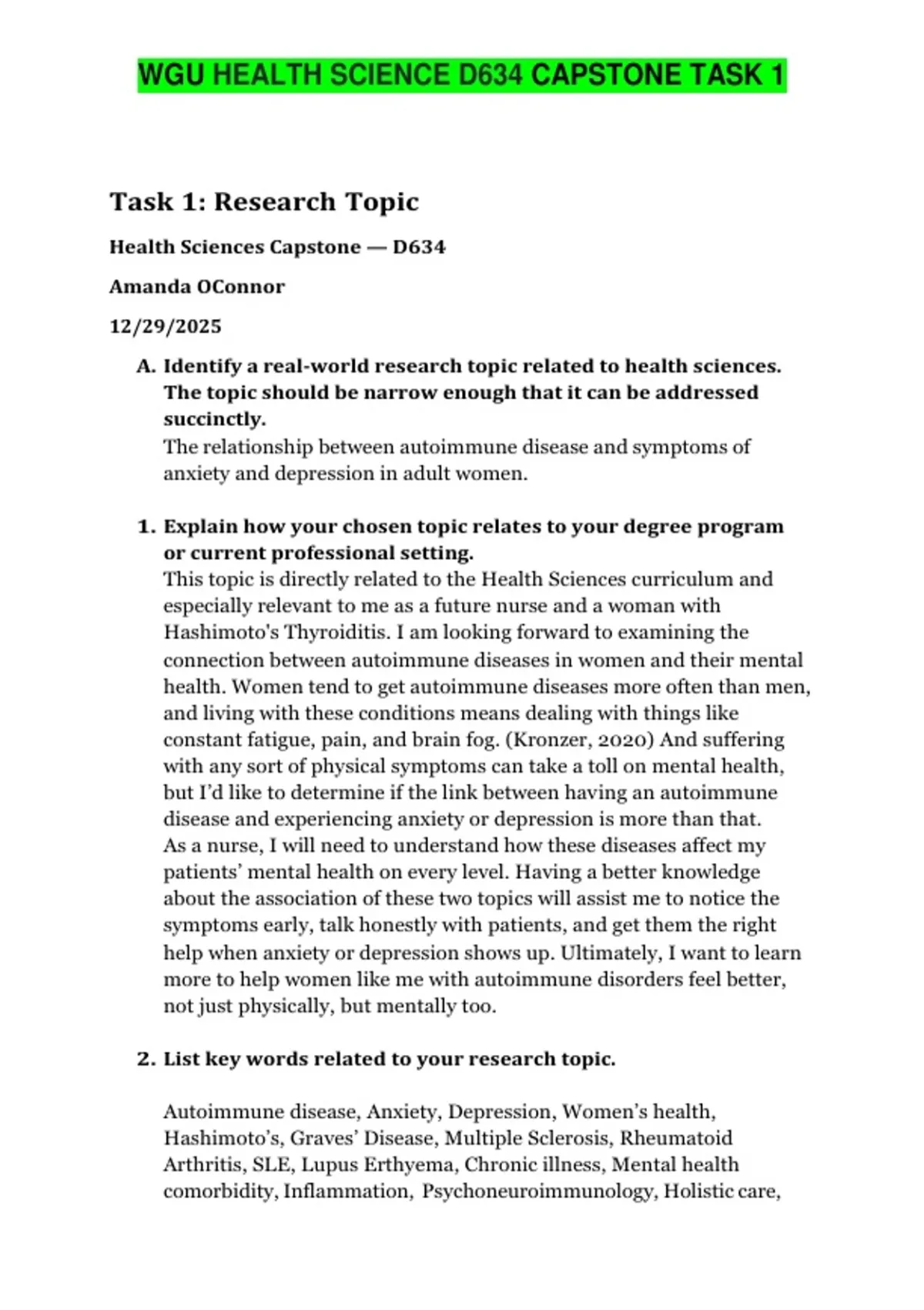 WGU HEALTH SCIENCE D634 CAPSTONE TASK 1 | WITH COMPLETE SOLUTIONS ...