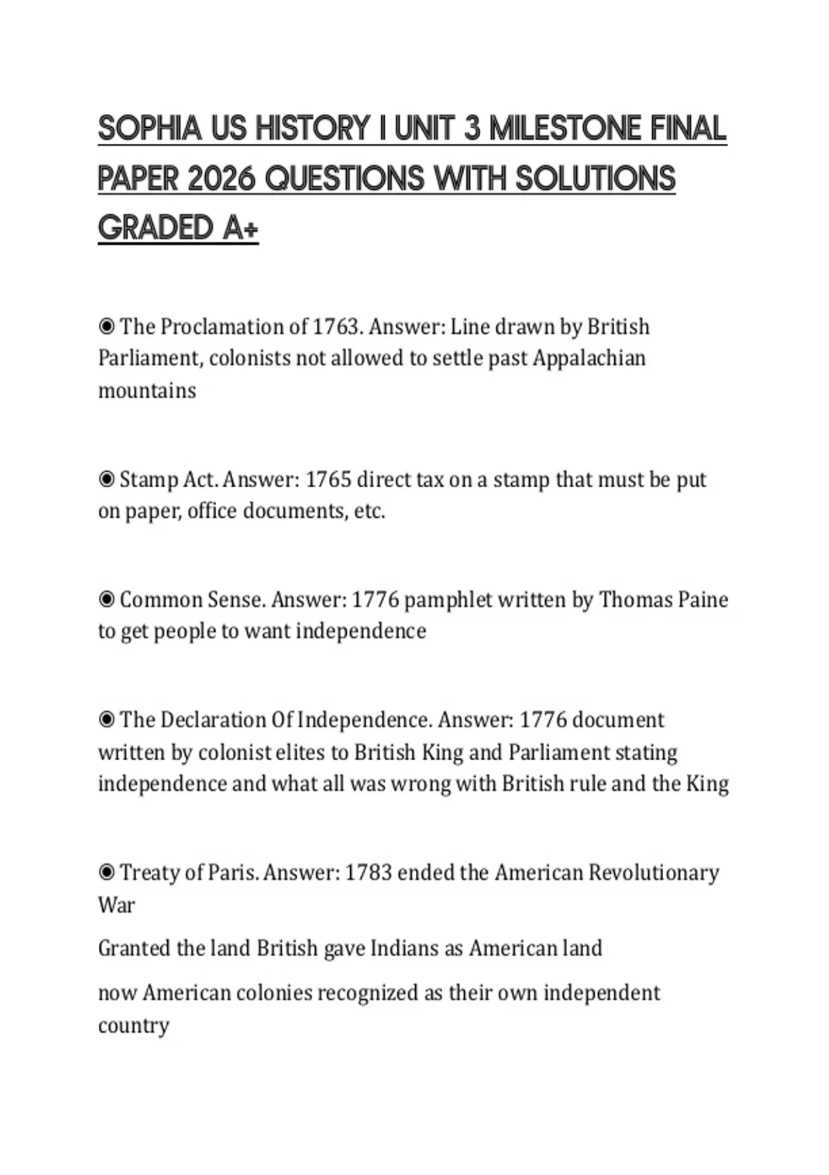 SOPHIA US HISTORY I UNIT 3 MILESTONE FINAL PAPER 2026 QUESTIONS WITH ...