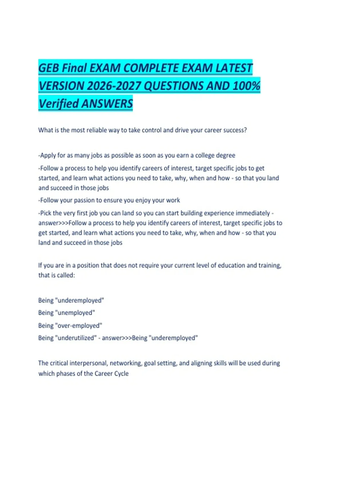GEB Final EXAM COMPLETE EXAM LATEST VERSION QUESTIONS AND 100- Verified ...