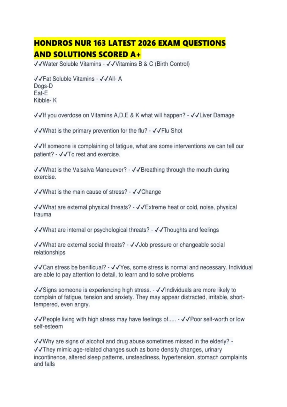 HONDROS NUR 163 LATEST 2026 EXAM QUESTIONS AND SOLUTIONS SCORED - NUR ...