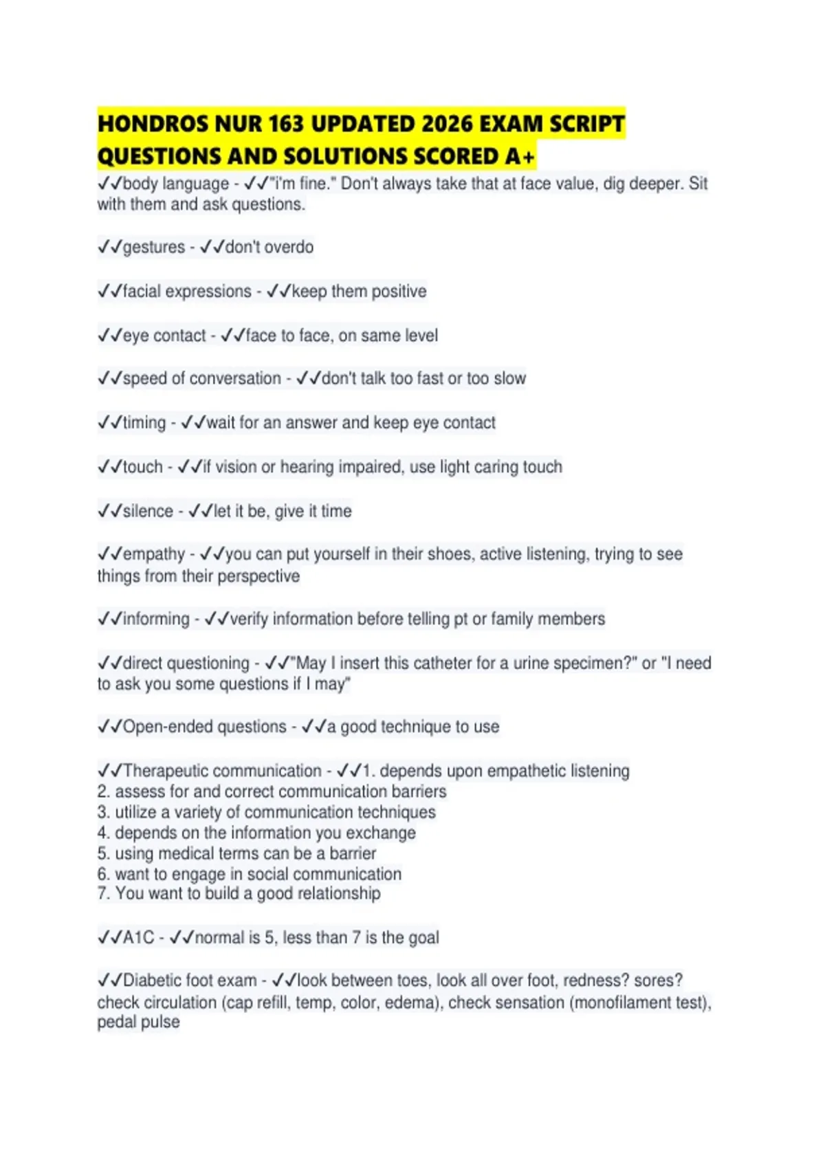 HONDROS NUR 163 UPDATED 2026 EXAM SCRIPT QUESTIONS AND SOLUTIONS SCORED ...