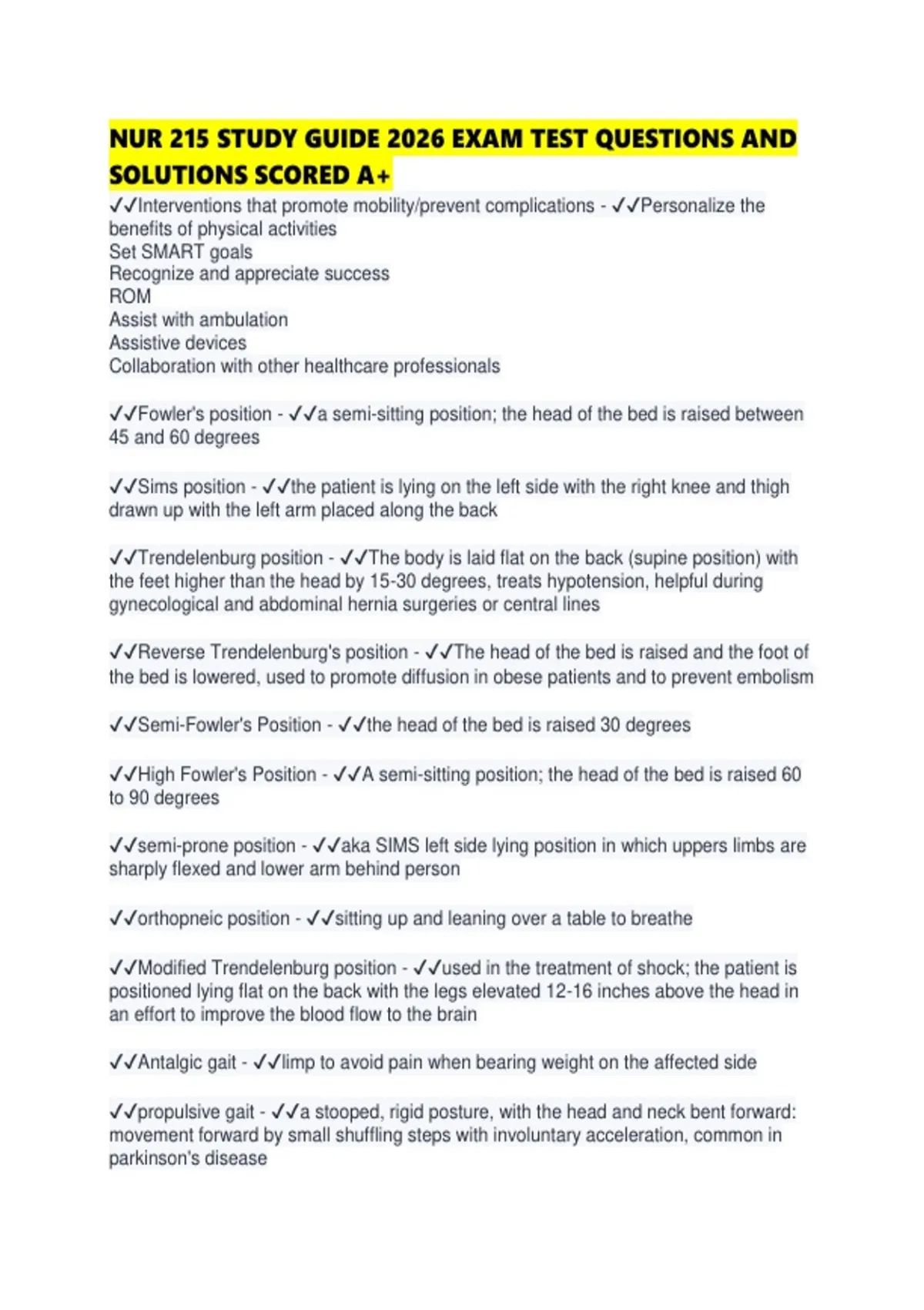 NUR 215 STUDY GUIDE 2026 EXAM TEST QUESTIONS AND SOLUTIONS SCORED - NUR ...