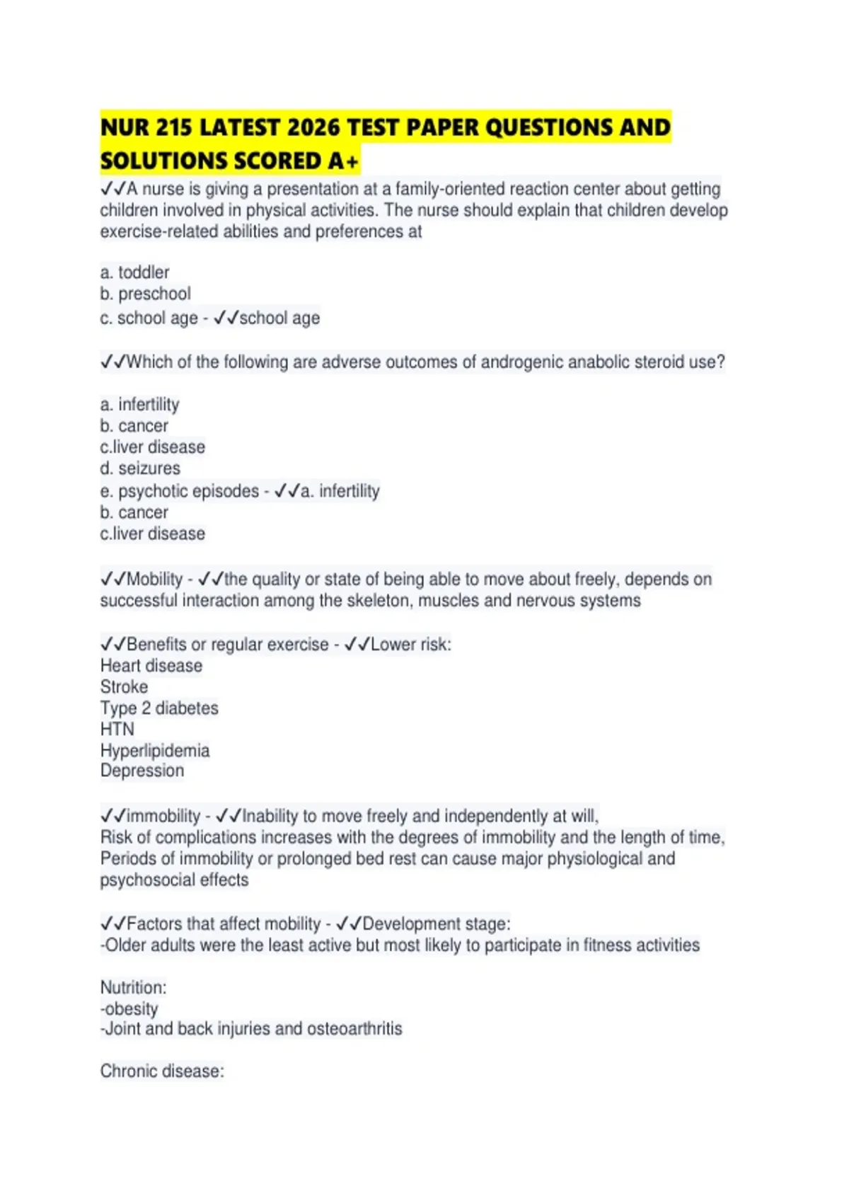 NUR 215 LATEST 2026 TEST PAPER QUESTIONS AND SOLUTIONS SCORED - NUR 215 ...