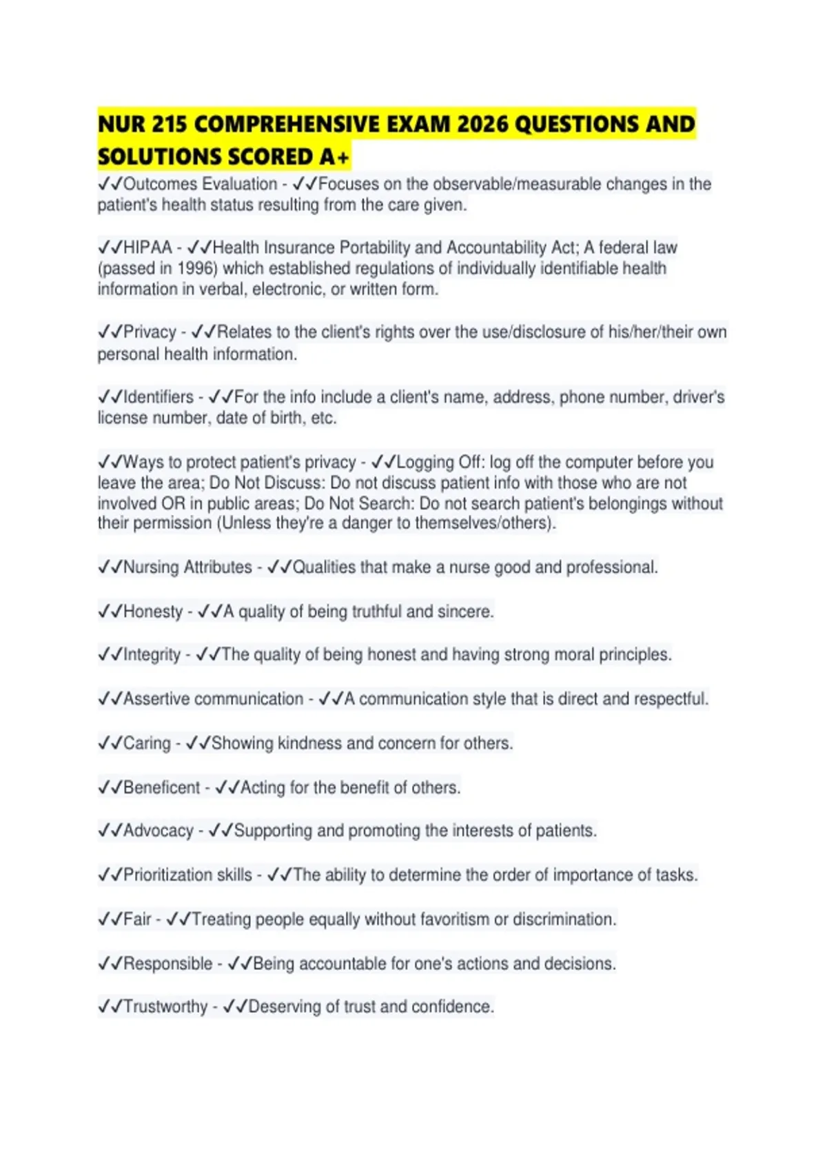 NUR 215 COMPREHENSIVE EXAM 2026 QUESTIONS AND SOLUTIONS SCORED - NUR ...