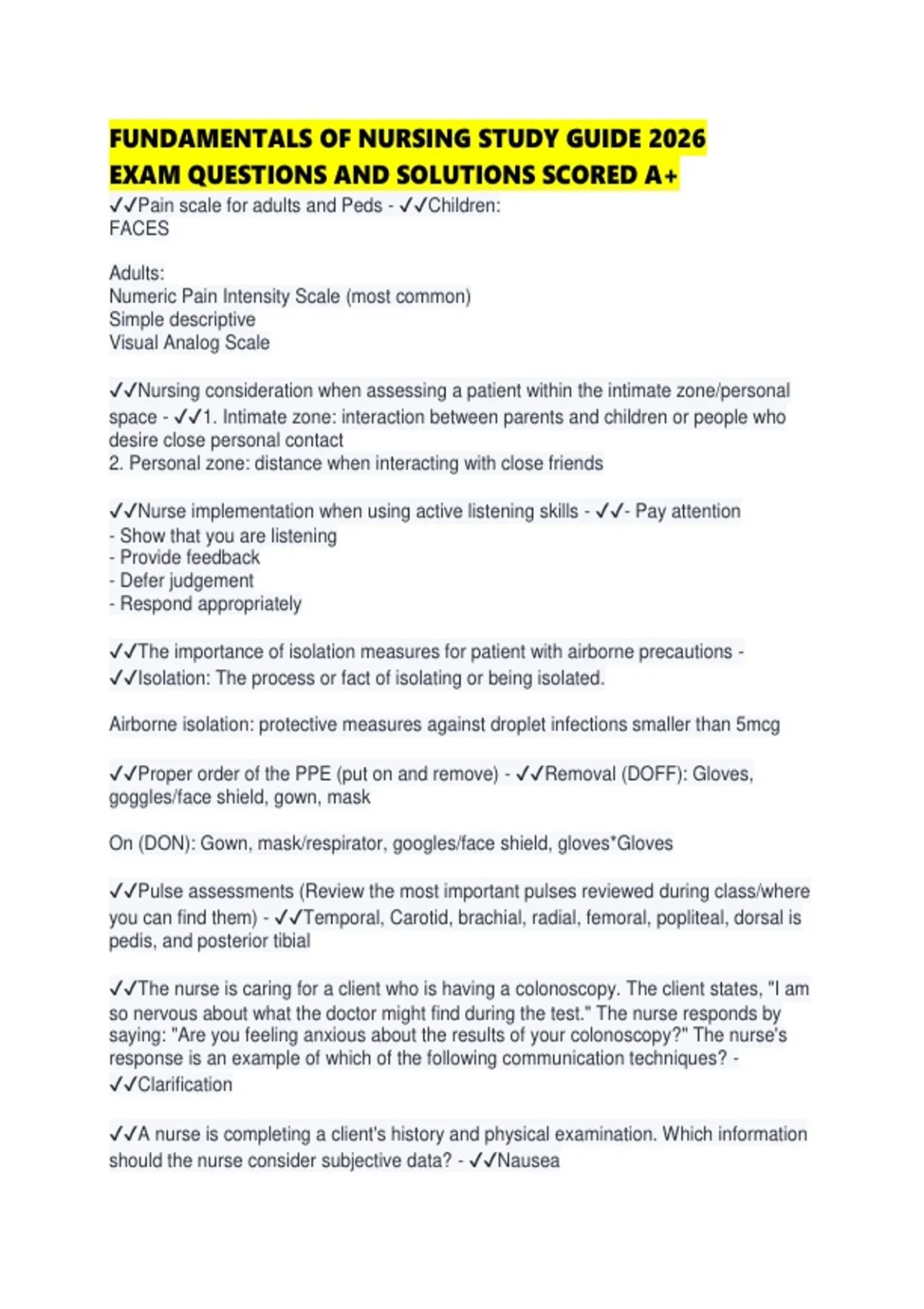 FUNDAMENTALS OF NURSING STUDY GUIDE 2026 EXAM QUESTIONS AND SOLUTIONS ...