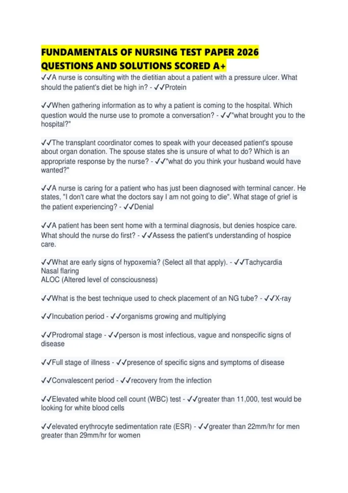 FUNDAMENTALS OF NURSING TEST PAPER 2026 QUESTIONS AND SOLUTIONS SCORED ...